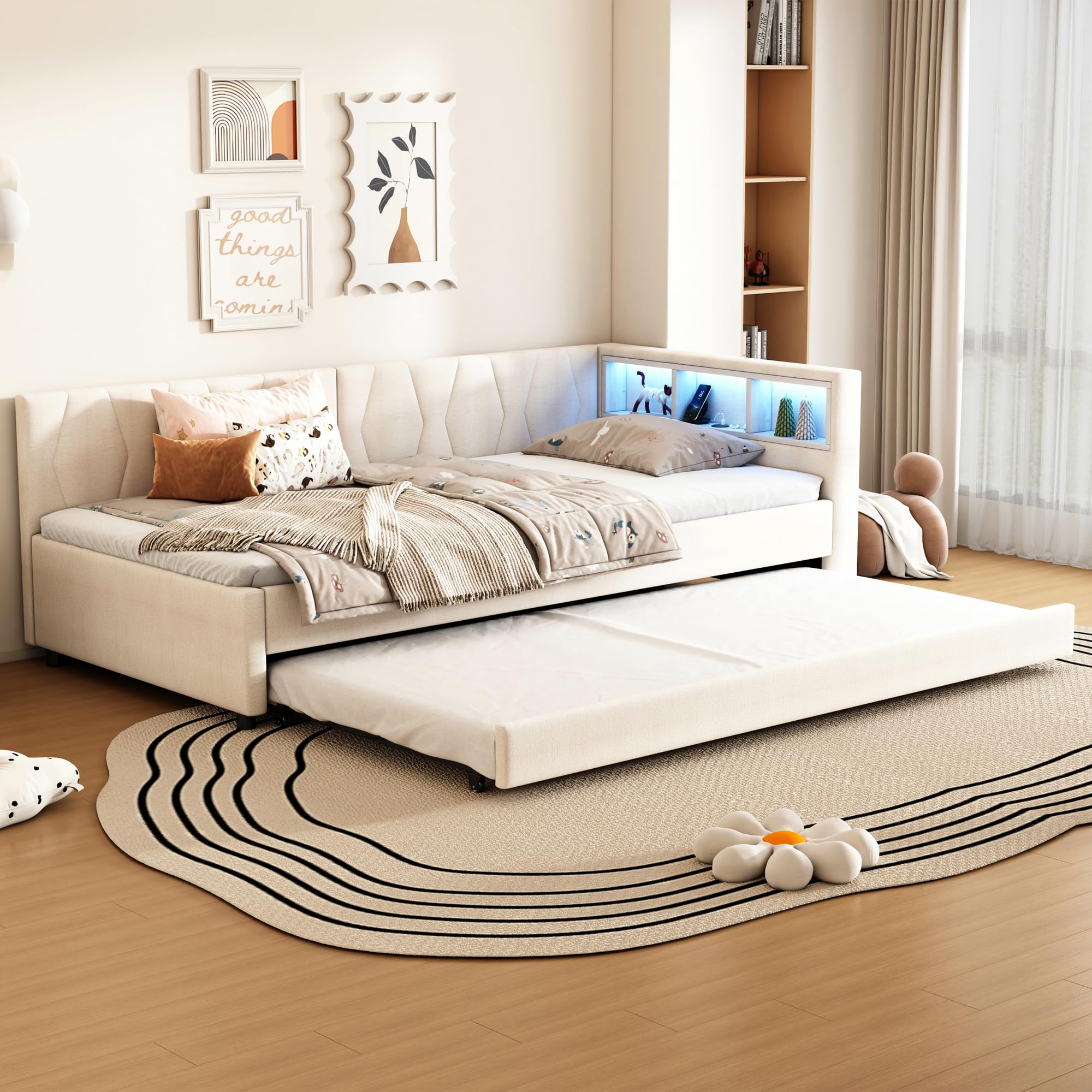 Divano Letto 90x200 Bed Vano Portaoggetti Laterale Rivestimento in Lino Letto Estraibile Seconda Superficie Estraibile Superficie Ausiliaria Scorrevole sotto il Telaio Camera