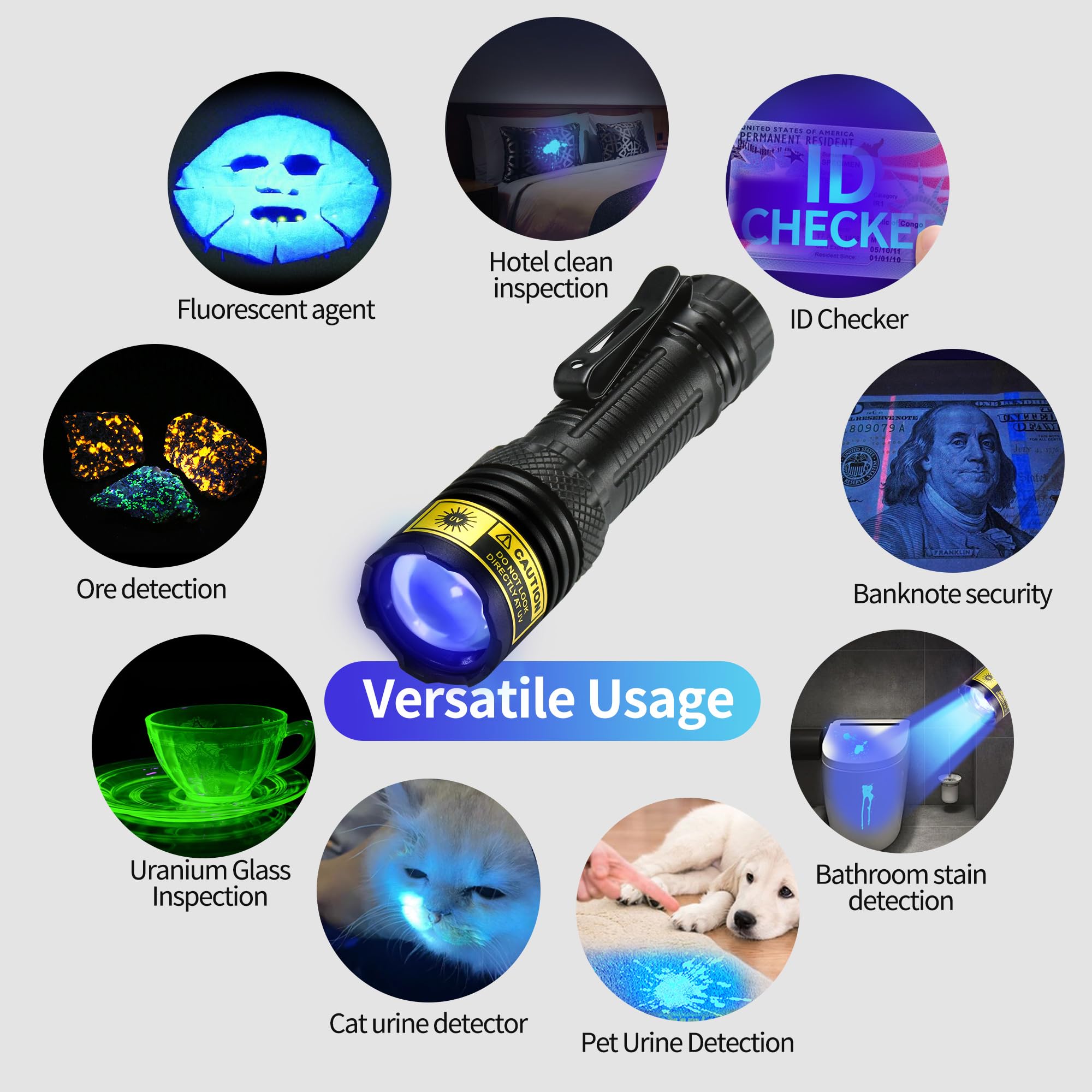 DARKDAWN Linterna UV de 365 nm, luz negra, mini y potente USB - C, linterna LED recargable para maderas, linterna portátil de enfoque ajustable para vidrio de uranio, dinero, manchas de orina de