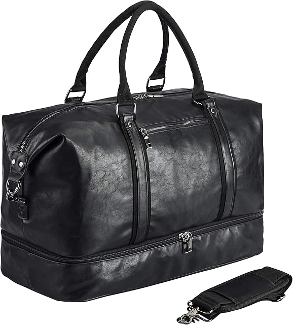 Leather Travel Bag with Shoe Pouch,Weekender Overnight Bag Waterproof PU Leather Large Carry On Bag Travel Tote Duffel Bag for Men or Women