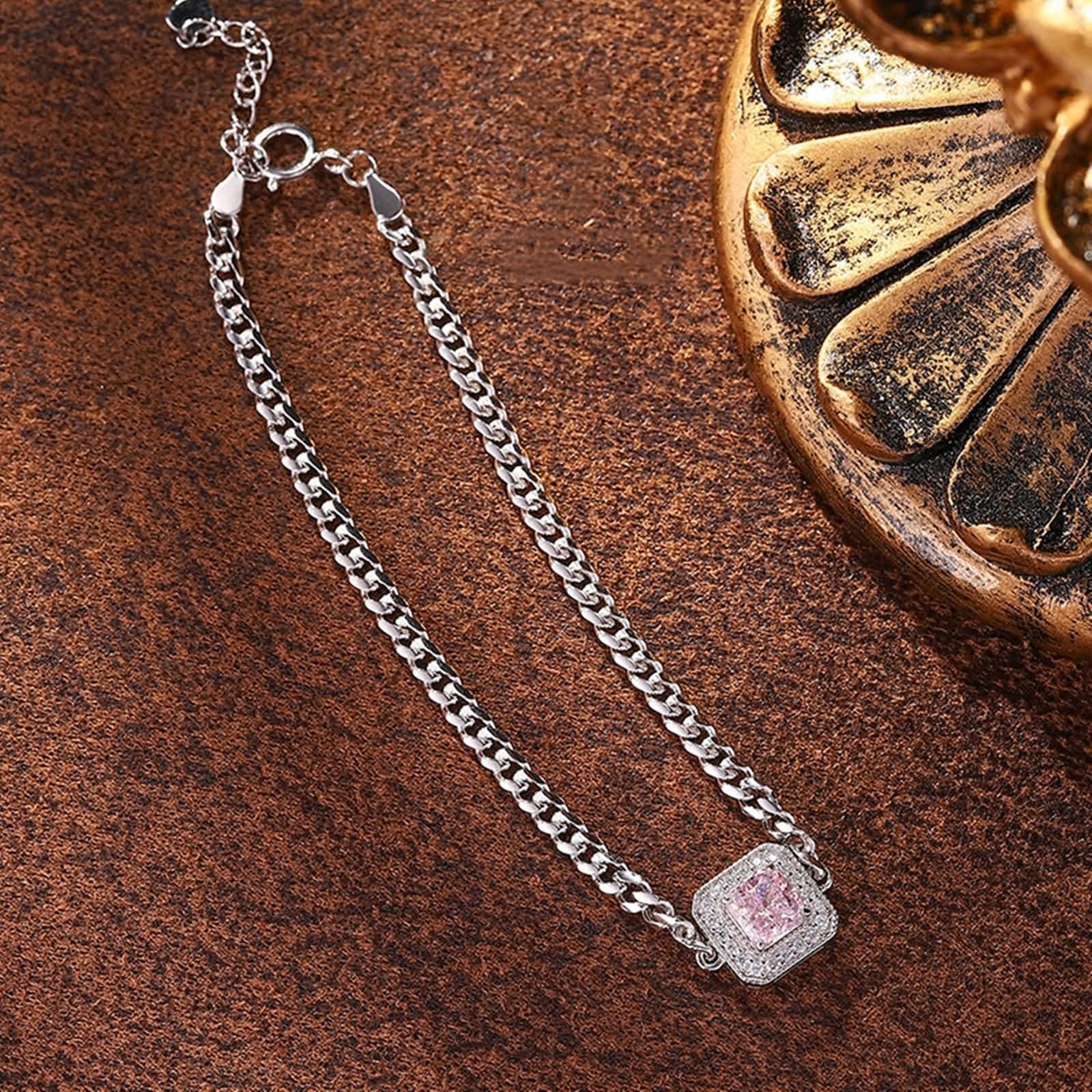 Pulseras de Mujer Oro Blanco 9K / 14K / 18K, Cuadrado con Diamante Creado de 0,5 ct y Moissanita, Cadena Extensible 16 CM + 5 CM, Pulsera de Ajustable Mujer Plata Rosa