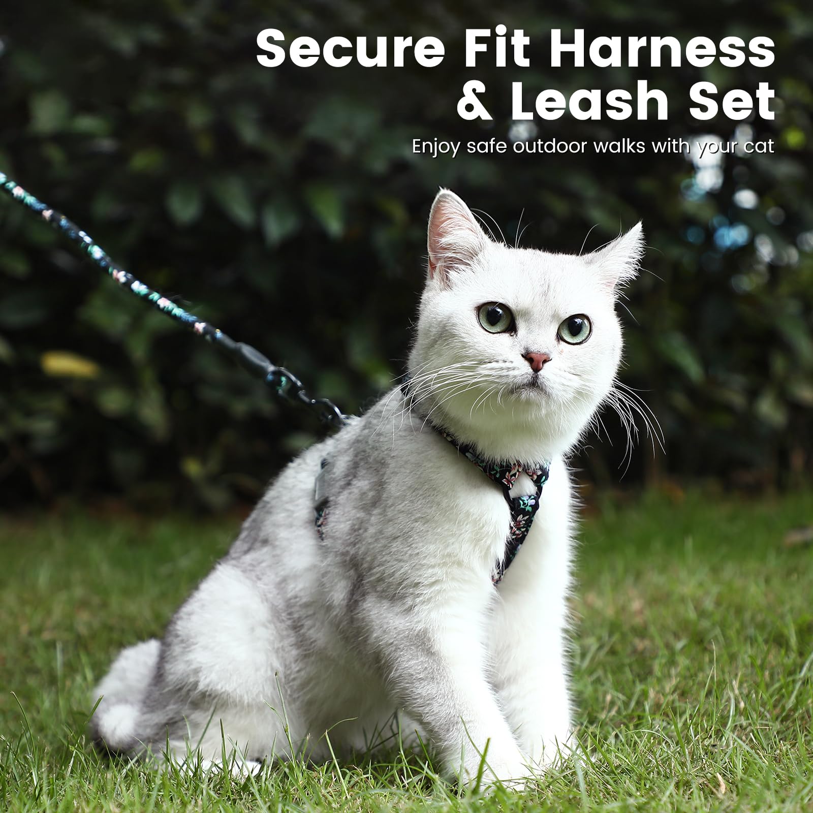 PETTOM Blumenmuster katzengeschirr mit Leine katzenleine mit Geschirr für Katzen mit Rundes Schlüsselband Ausbruchsicher Einstellbarer Brustgurt Geeignet für kleine und mittlere Katzen