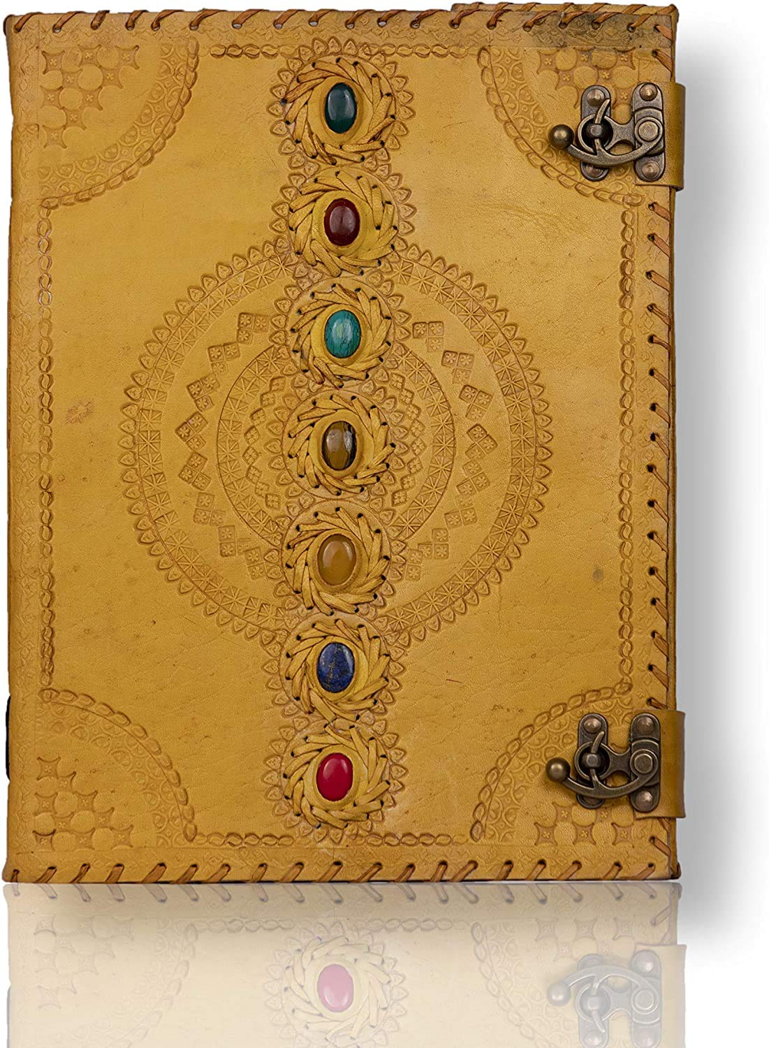 TUZECH Seven Chakra Medieval Stone Embossed Handmade Jumbo Leather Journal Book of Shadows Notebook 