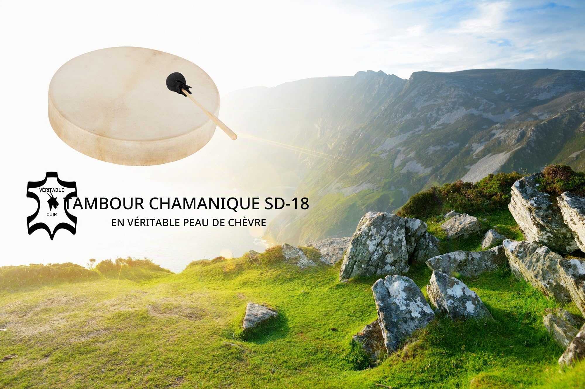 Classic Cantabile SD-18 Tambour Chamanique 18" Ensemble Avec Housse | Trommel, Recouvert d'une peau de chèvre, Mailloche incluse, Tension par cordage avec sangle de maintien, Profondeur: 7, 5 cm