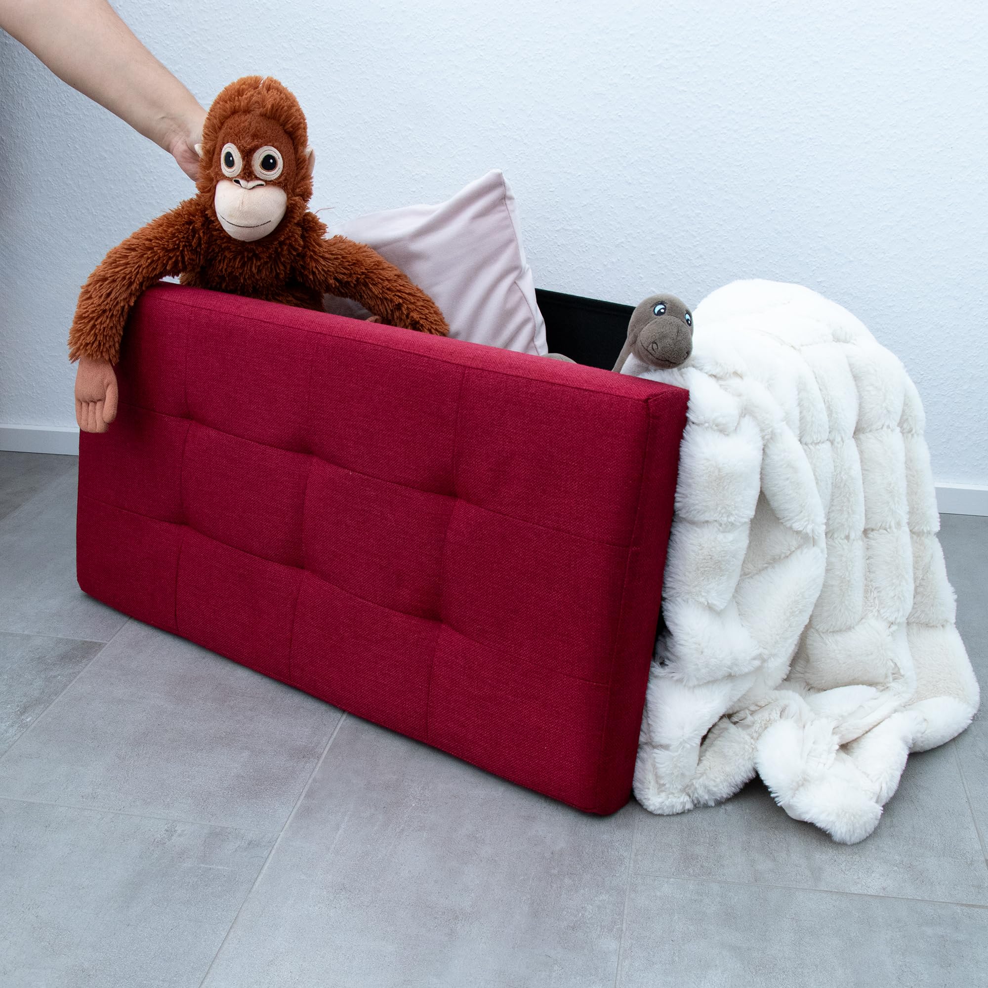 INTIRILIFE Banco Plegable 76x38x38 cm en Rojo - Cubo Con Tapa y Espacio de Almacenamiento de Tela Con Huecos - Asiento Reposapiés Plegable Caja de Almacenamiento Cofre Taburete