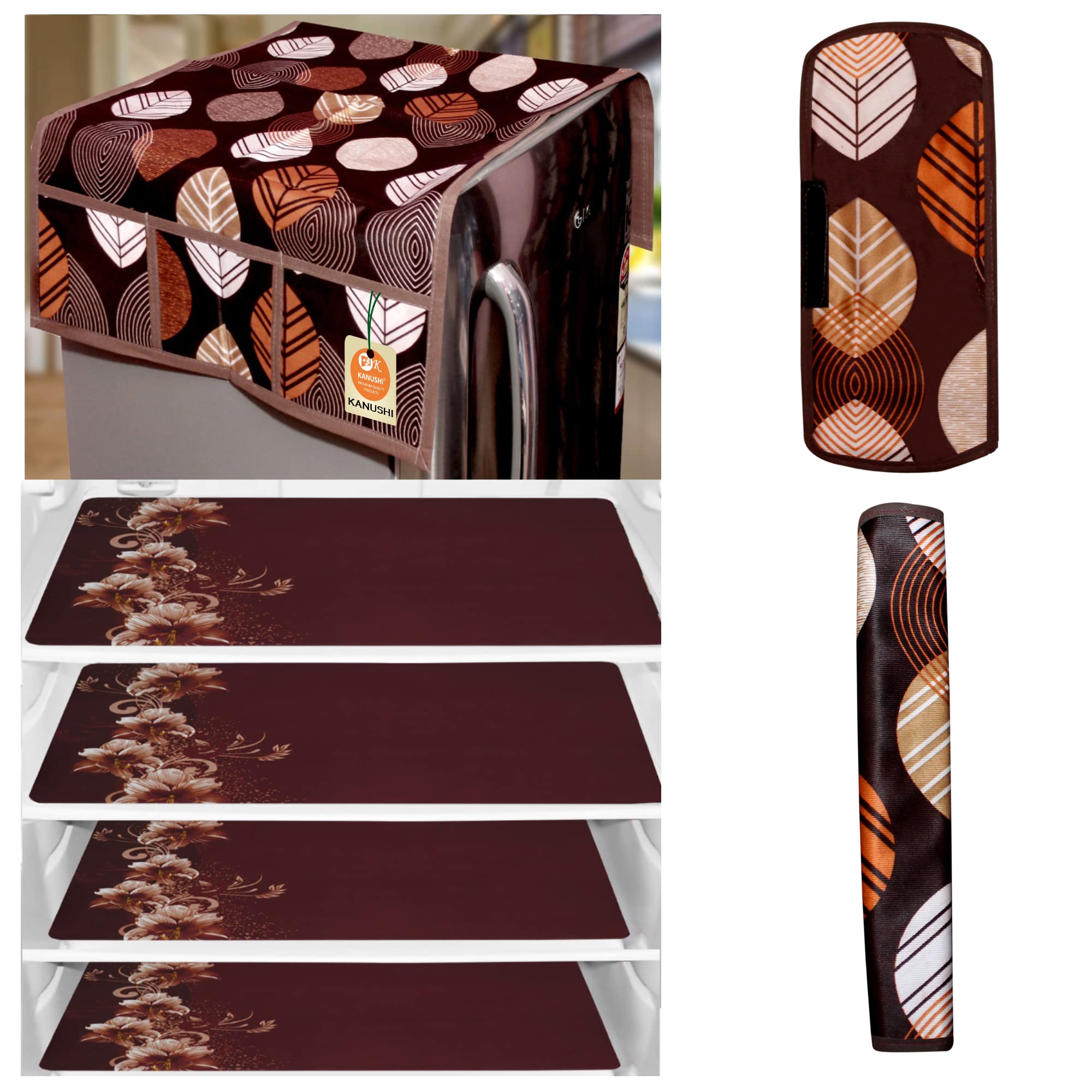 KANUSHI Industries® 1Pc Fridge Cover for Top with 6 Utility Pockets + 2 Handles Covers + 4 Fridge Mats (FRI-Brown-Long-LEV+2-Handle+M-11-04)