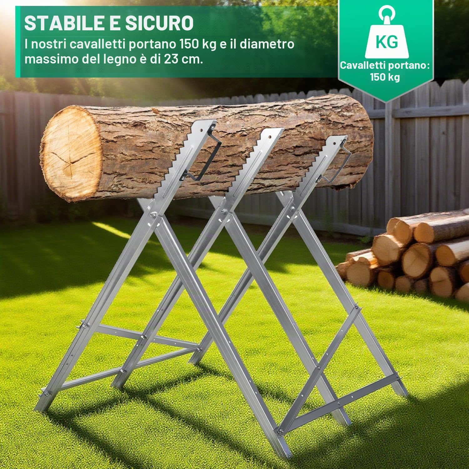 Cavalletto in metallo zincato e pieghevole, con 3 supporti per denti, portata fino a 150 kg, supporto per seghe a catena, per tronchi di alberi fino a Ø 23 cm