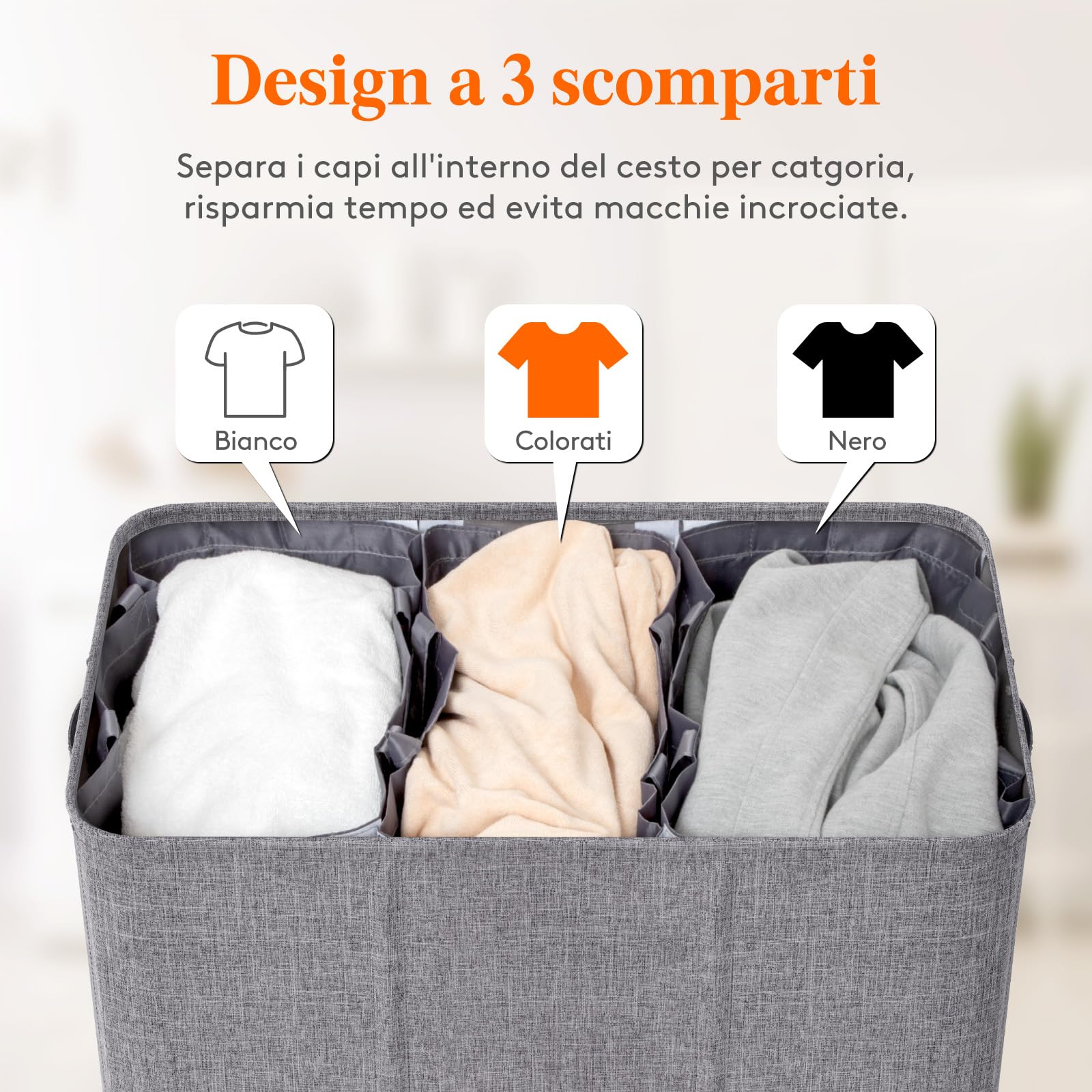 Cesto Portabiancheria Lifewit 160L Con Coperchio, 3 Scomparti, Manici In Bambù, Grigio Scuro - copertina