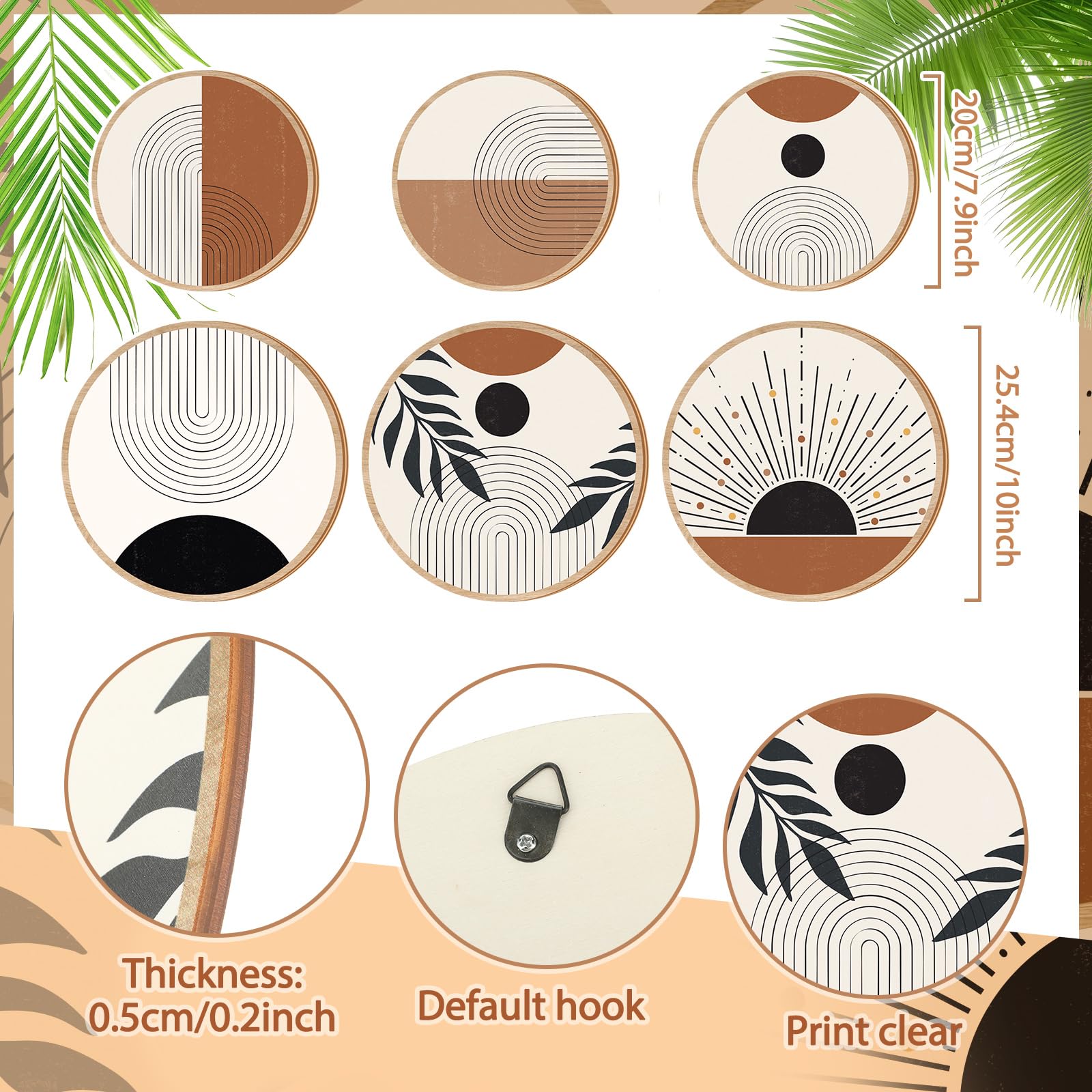 Geetery 6Pcs Boho Wall Art Decor Wooden Wall Decoration for Living Room Farmhouse Round Bohemian Decor Geometric Sun Wood Art 10