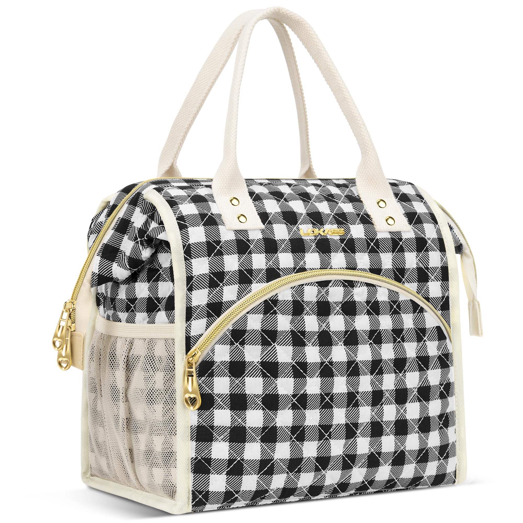 LOKASS Insulated Lunch Bag Women- Reusable 10 L Lunch Box for Women - Leakproof Tote Cooler Bag for Adults Work, Beach, Travel, Picnic (Black&White Diamond Grid)