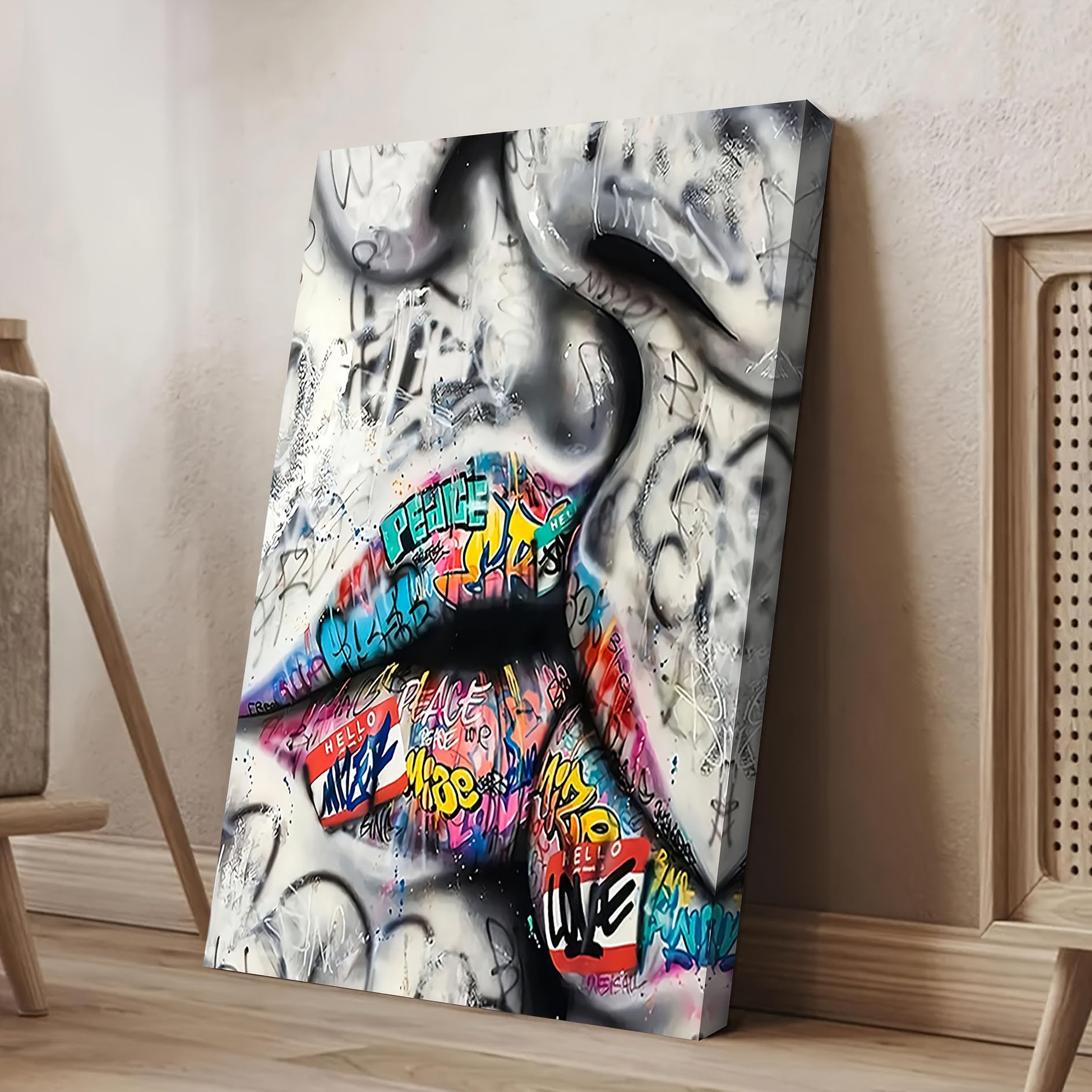 CWZBFEH Vibrant Street Art Lips Canvas Painting - Modern Graffiti Pop Art Wall Decor, for Home & Office(45x60cm/No frame)