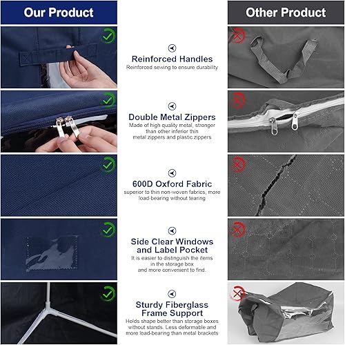 Miniatura 4 de Organizador de bolsas de almacenamiento de ropa de gran capacidad de 66L, paquete de 3 con marco de fibra de vidrio, tela Oxford para edredones,