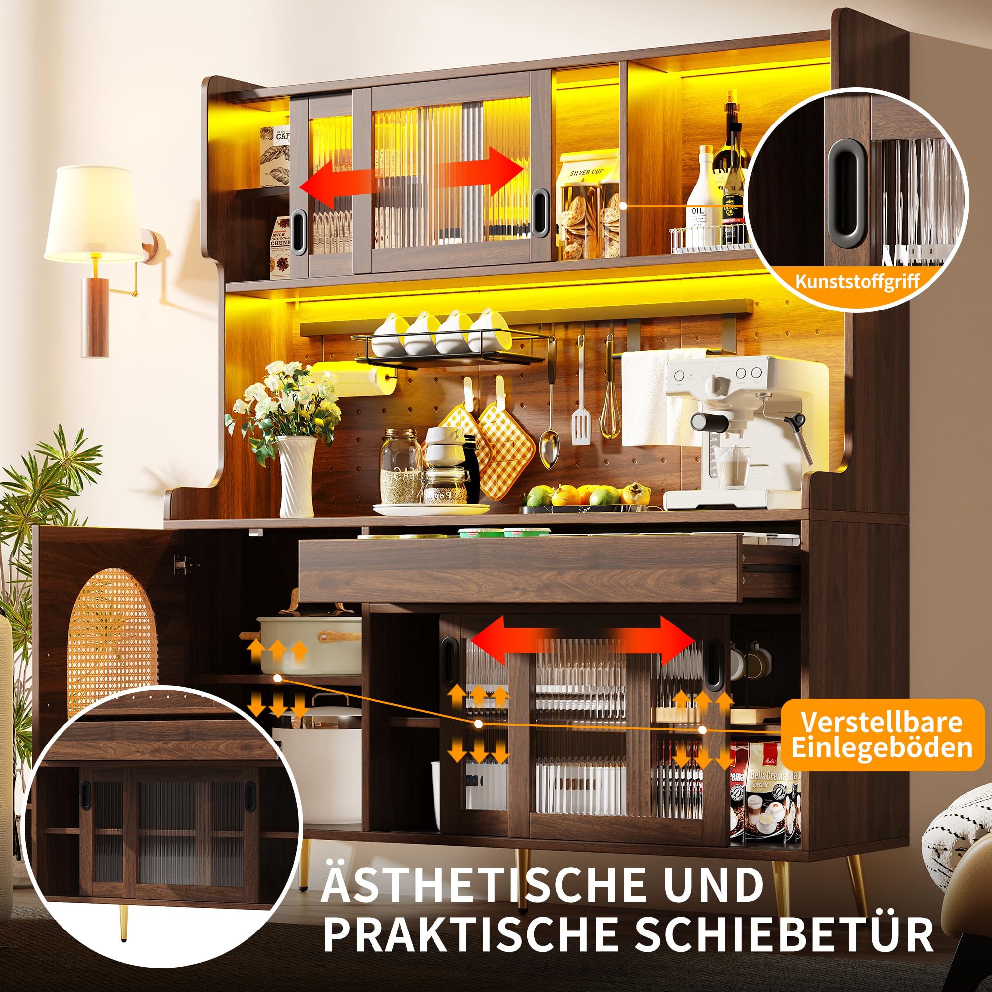 Armadio da cucina con LED e porta in vetro, stile rustico, credenza per cucina con piani di lavoro, porta scorrevole, grandi cassetti, ante in rattan, parete forata, armadio alto, 145 x 39 x 171 cm
