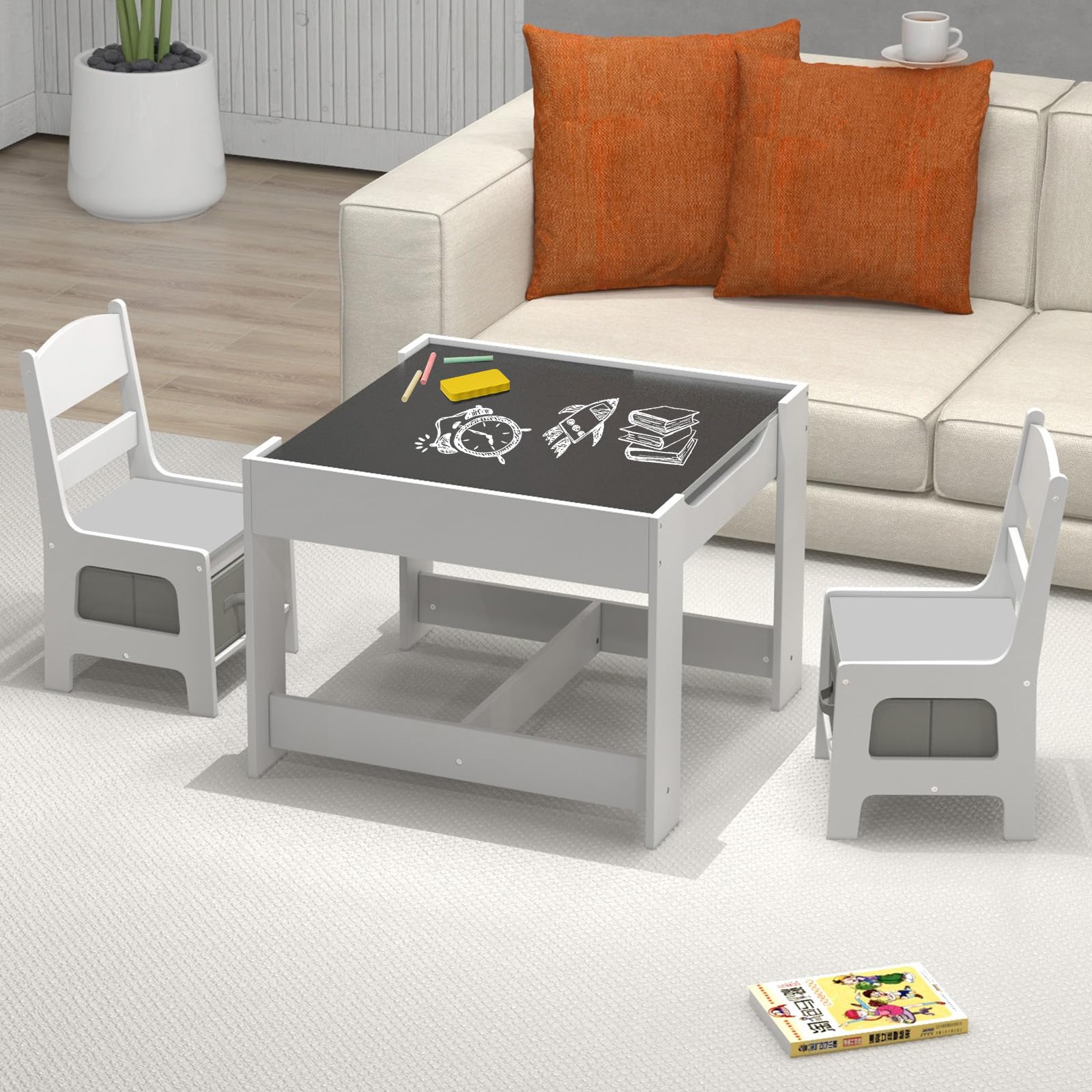 CHEFJOY Toddler Table and Chair Set, 3 in 1 Children Activity Table with Storage Drawer & Reversible Tabletop, Wooden Kids Table and Chair Set for Arts & Crafts, Snack Time, Reading (White + Grey)