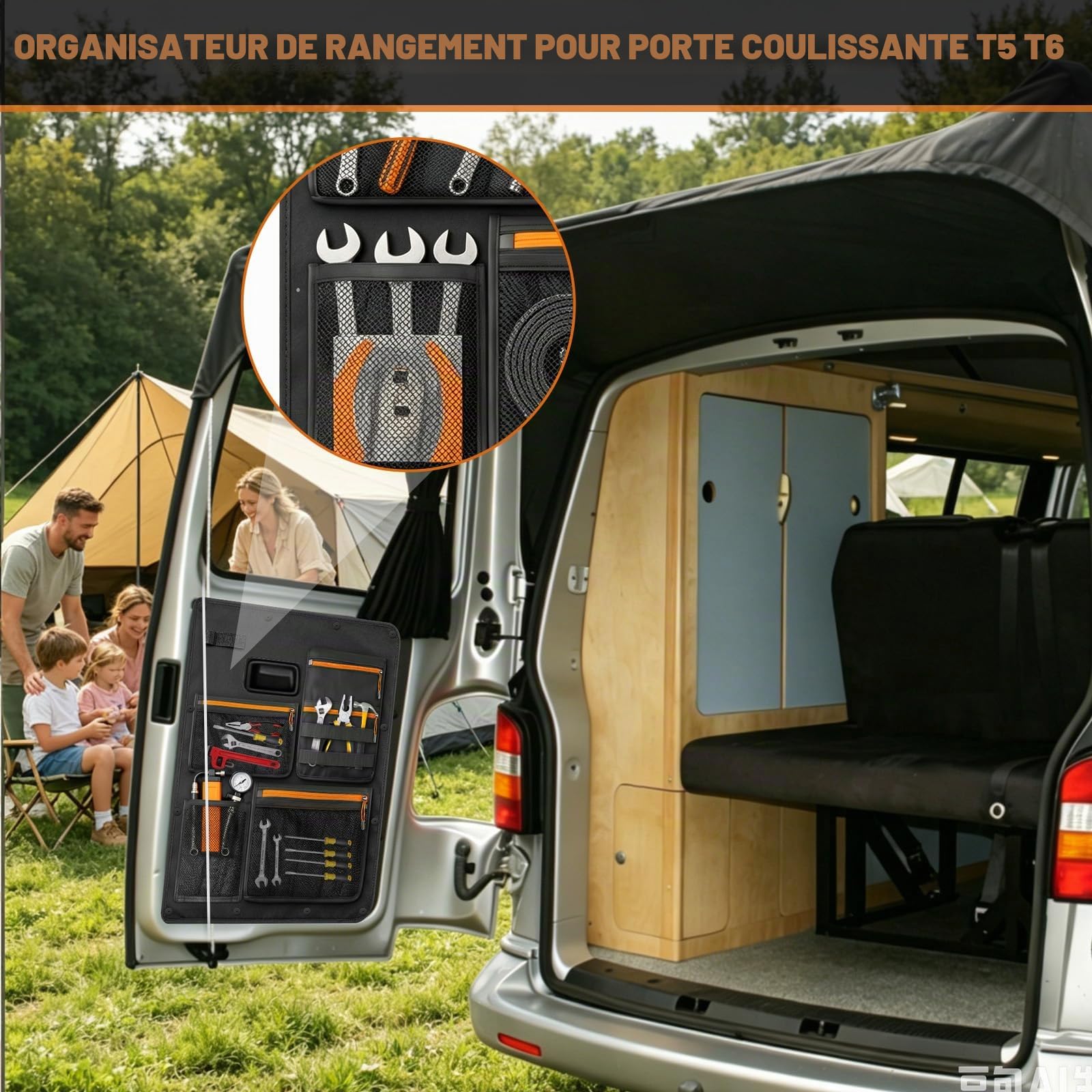 Lot de 2 Sacs de rangement pour hayon de voiture Compatible avec VW T5 T6, Organisateur de rangement pour panneau de porte arrière Tissu Oxford