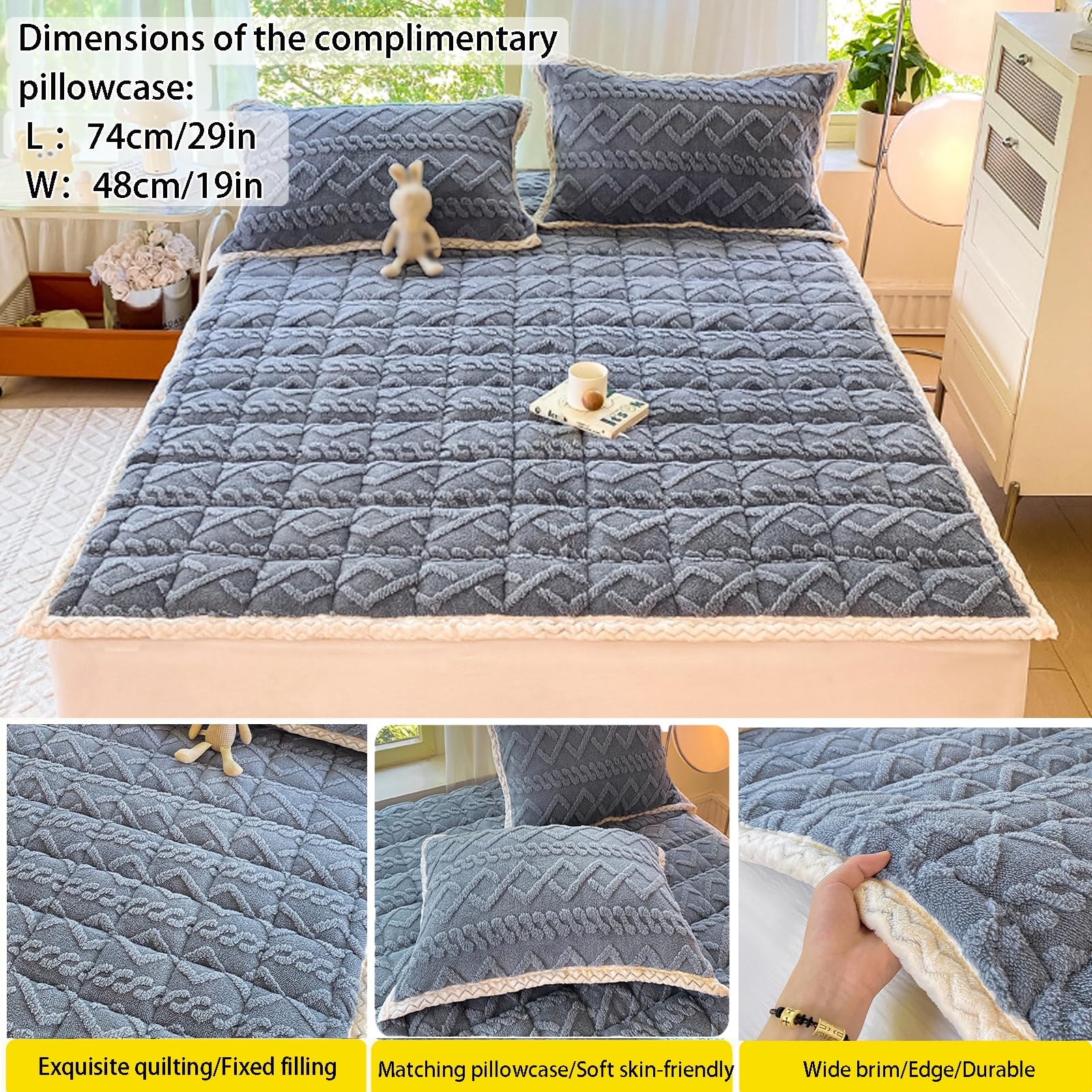 Topper Protector de Colchón Acolchado,Sobrecolchón Colchoncillo Transpirable,Color Sólido Mattress Topper con 4 Bandas,CaraTopper Colchon Suavidad y Comodidad,Marrón,90x190cm/35x75in