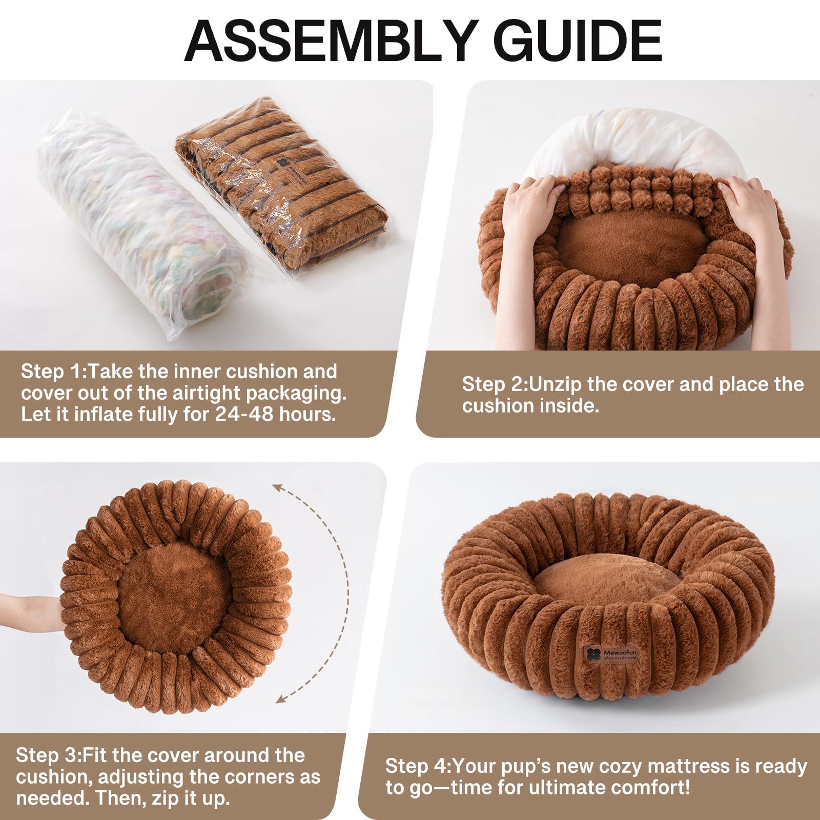 MEWOOFUN Camas para gatos de interior, cama lavable y esponjosa para mascotas con parte inferior antideslizante, cama redonda calmante para cachorros y gatos pequeños (marrón, 64 x 64 x 18 cm)