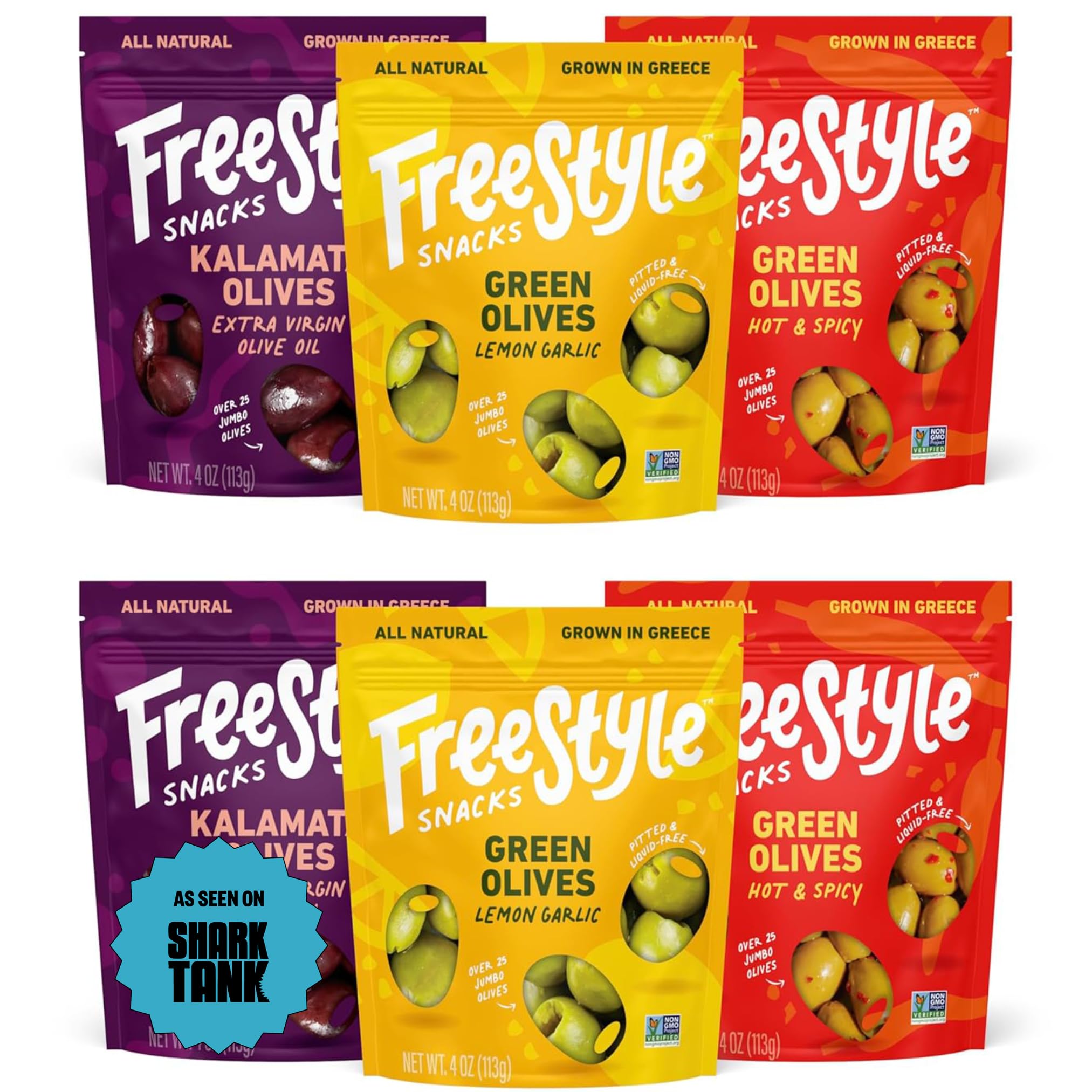 Freestyle Snacks Olive Snack Packs - As Seen on Shark Tank - Fresh Pitted Kalamata & Green Olives, Grown in Greece, Salty Snack, All Natural, Non-GMO,