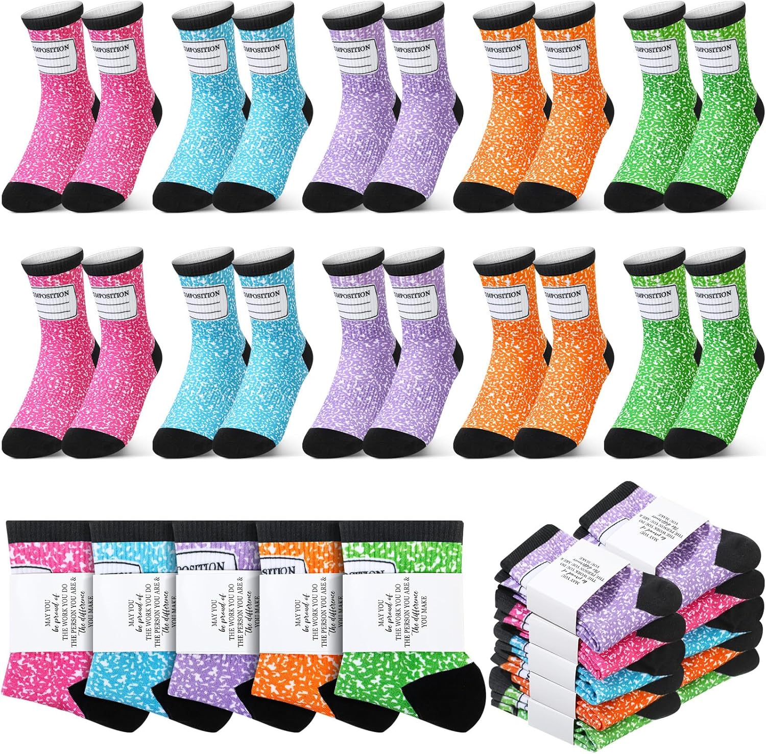 10 Pairs Teacher Socks Gift Composition Notebook Socks Colorful Winter Gift for Women Men Composition Notebook Themed Teacher Appreciation Day Party Favor