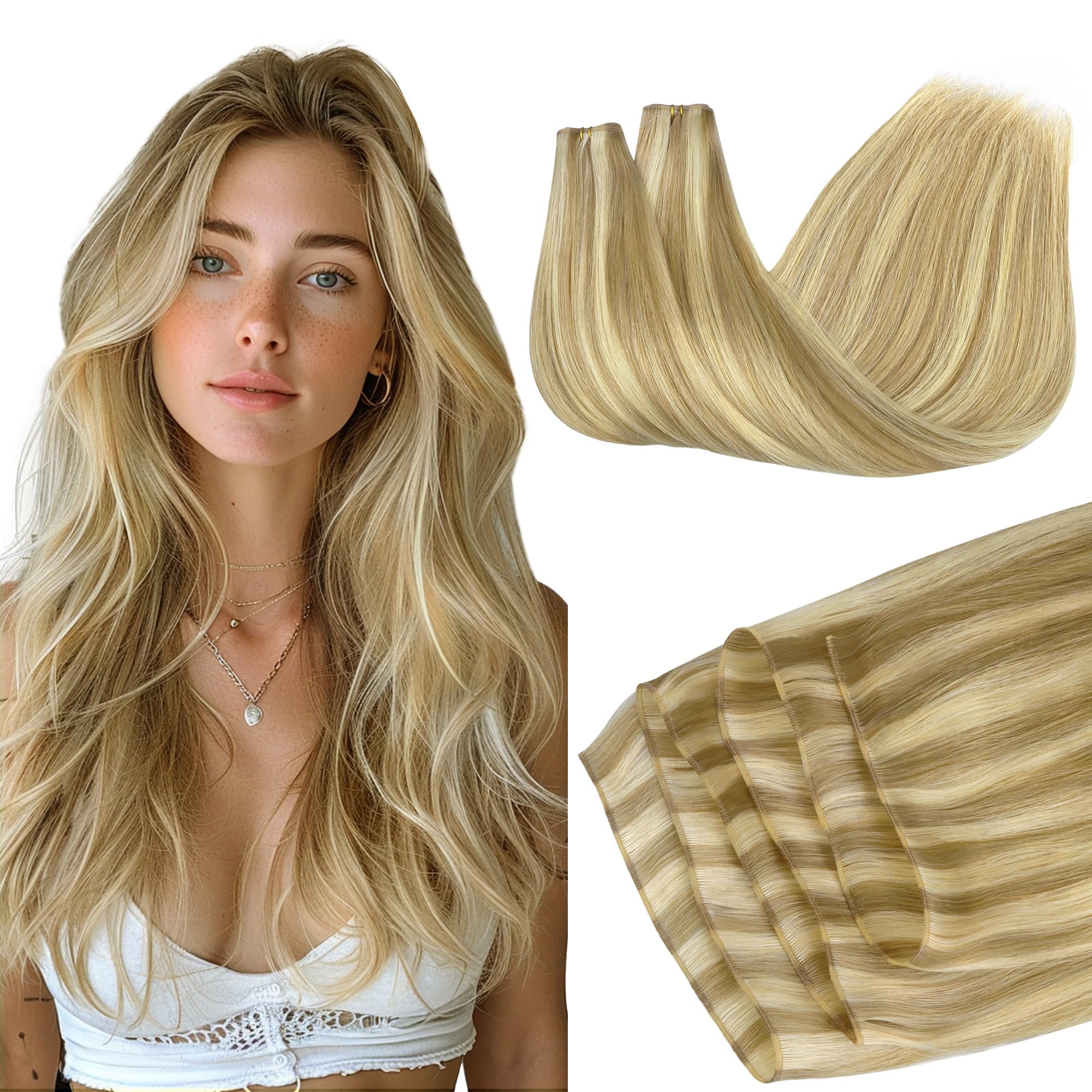 GOO GOO Genius Weft Hair Extensions Human Hair, Sew In Hair Extensions Rooted Remy Weft, 16/22 Light Blonde Highlighted Golden Blonde 22inch 120g,