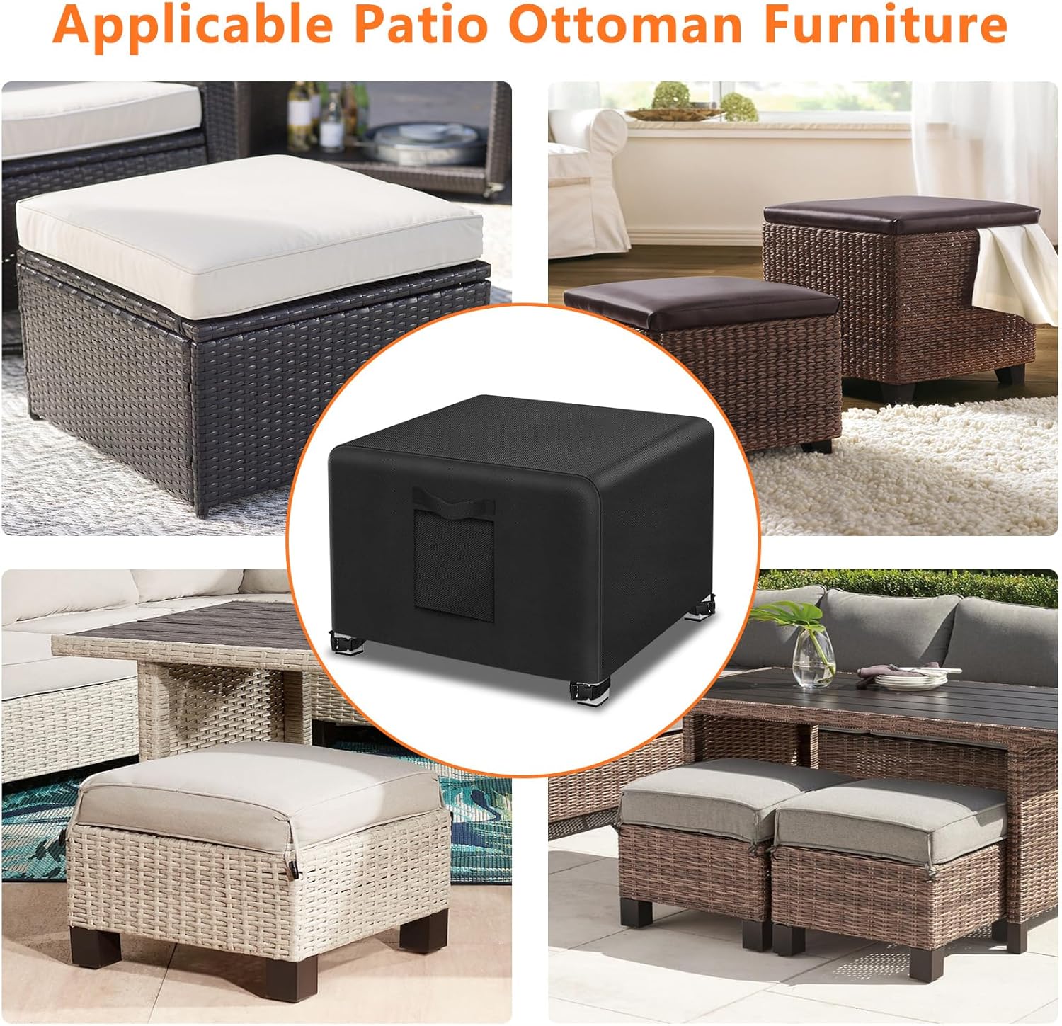 Kovshuiwe 2Pcs-25"L x 25"W x 17"H Outdoor Patio Ottoman Cover, Waterproof Patio Ottoman Cover, Heavy Duty，with Padded Handles,Black