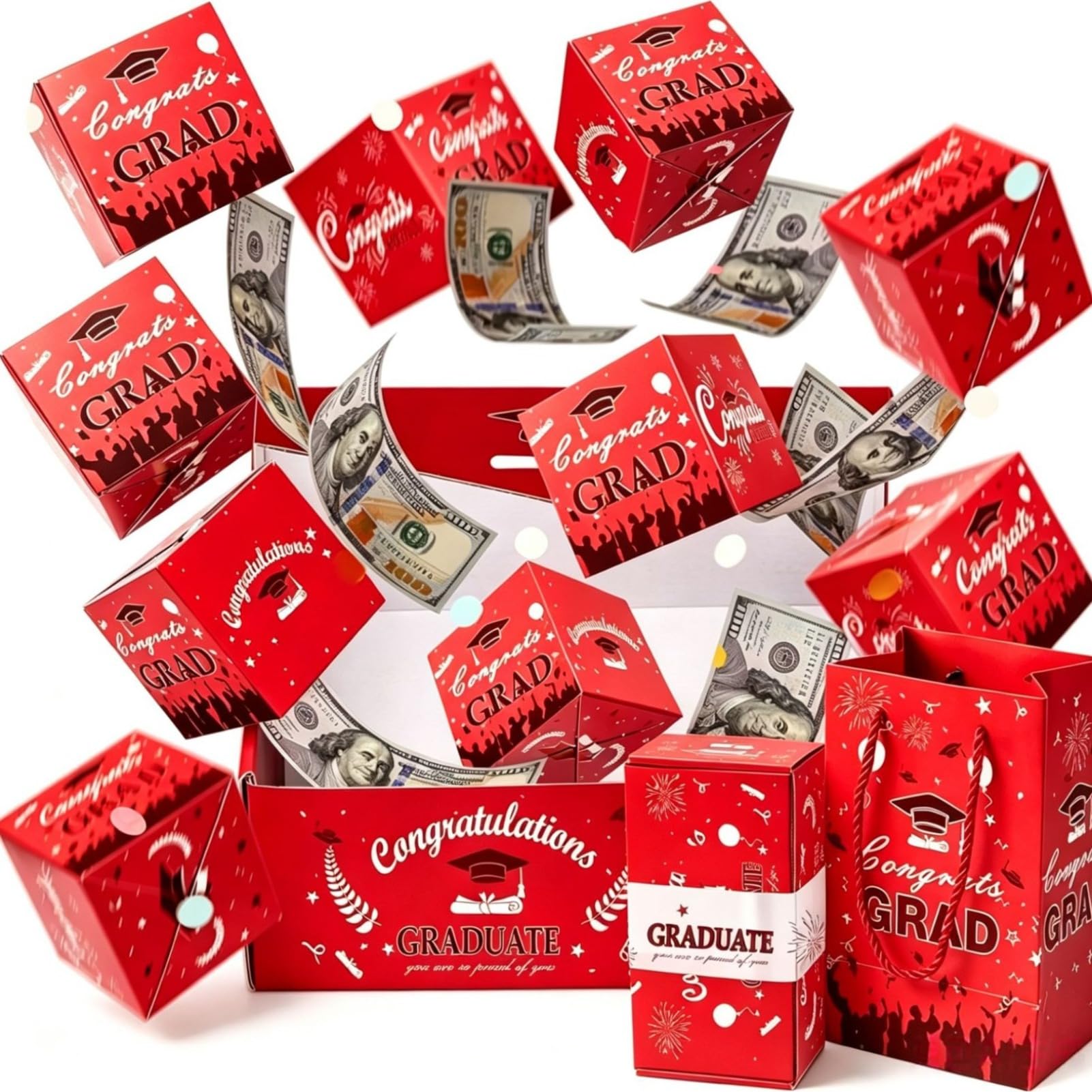 Money Explosion Graduation Gift Box Set Jumping Surprise Pop Up Pudełko upominkowe z okazji ukończenia szkoły Zdjęcia gotówki i małe prezenty (czerwony)