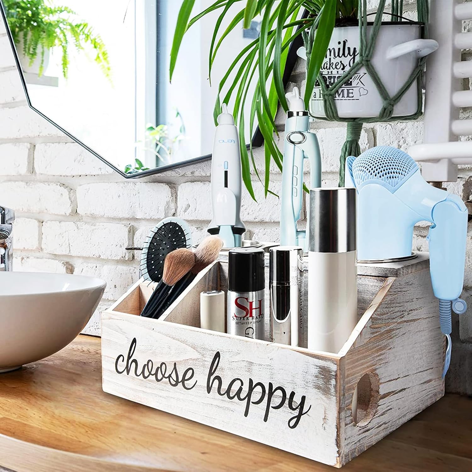 Wooden Hair Dryer Holder, Hair Tool Organizer with 3 Circular Holes and 3 Compartment, Hair Dryer and Styling Holder for Hair Accessories, Curling Wand.