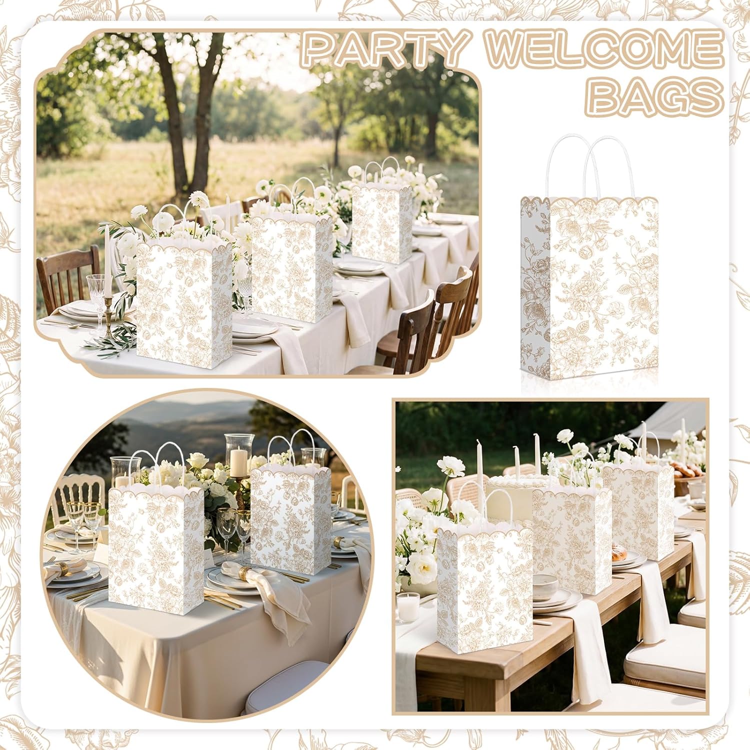 Kolldenn 24 Pcs Beige Floral Party Favor Bags with Handles Scalloped Wildflower Goodie Candy Gift Treat Bags for Birthday Decoration for Bridal Baby Shower Party Supplies - Image 5