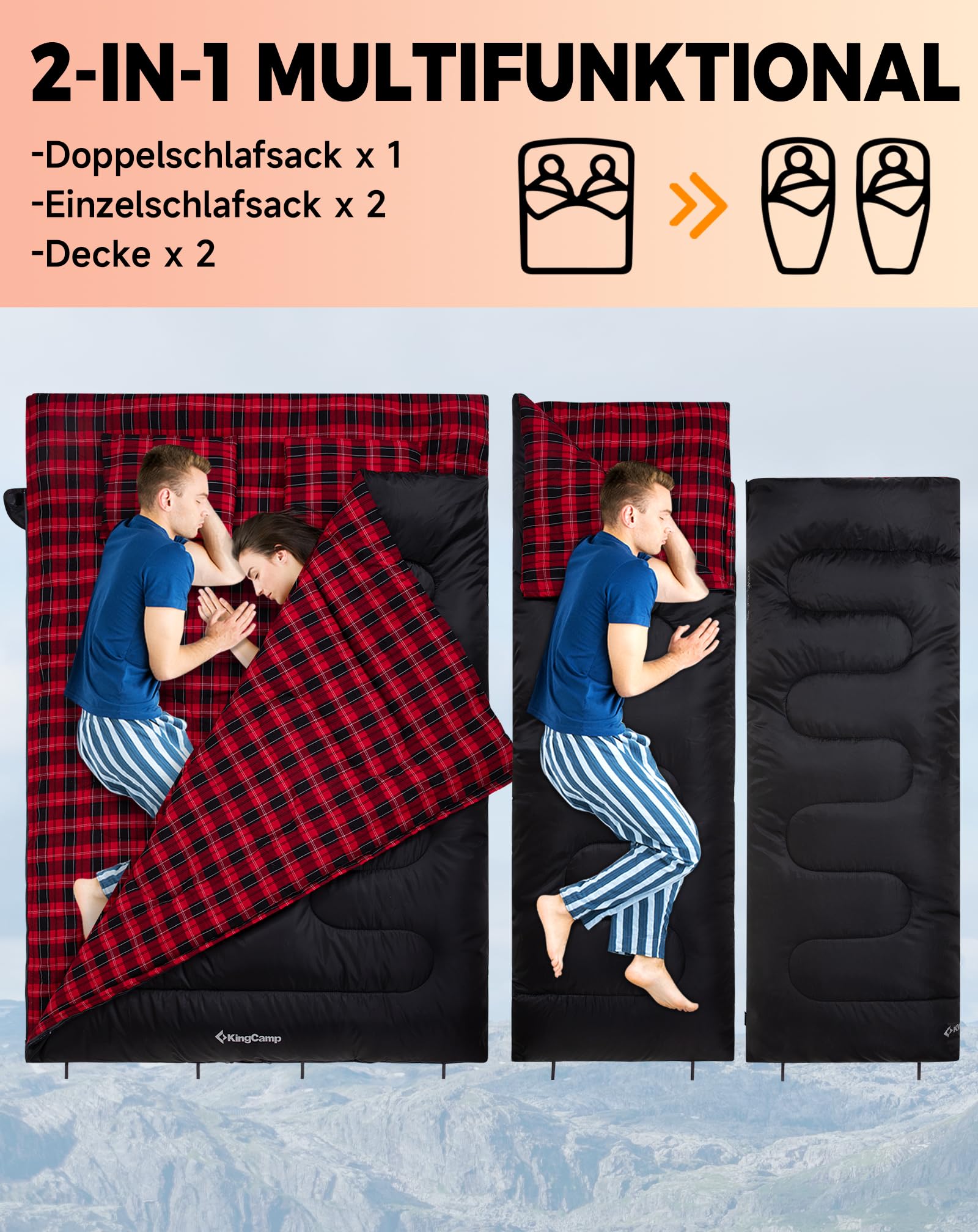 KingCamp Doppelschlafsack Baumwolle Flanell Winter Schlafsack 2 Personen Warmer Deckenschlafsack 3-4 Jahreszeiten mit 2 Flanell Kissen für Kinder & Erwachsenen Camping Reisen und Aktivitäten Outdoor