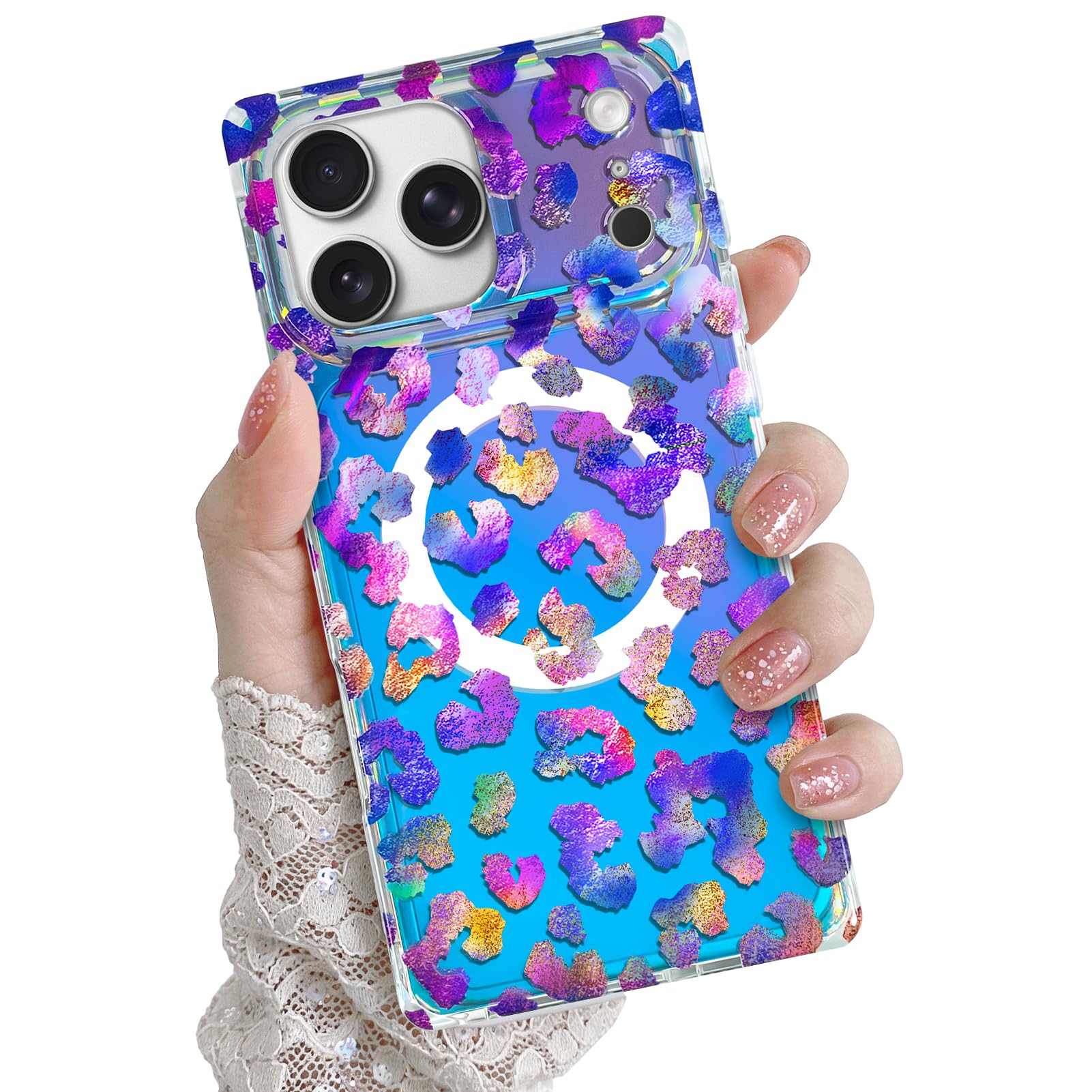 Custodia iridescente per iPhone 17 Pro Max [compatibile con MagSafe] Grazioso design estetico glitterato leopardato per donne e uomini morbido TPU e PC posteriore protettiva sottile