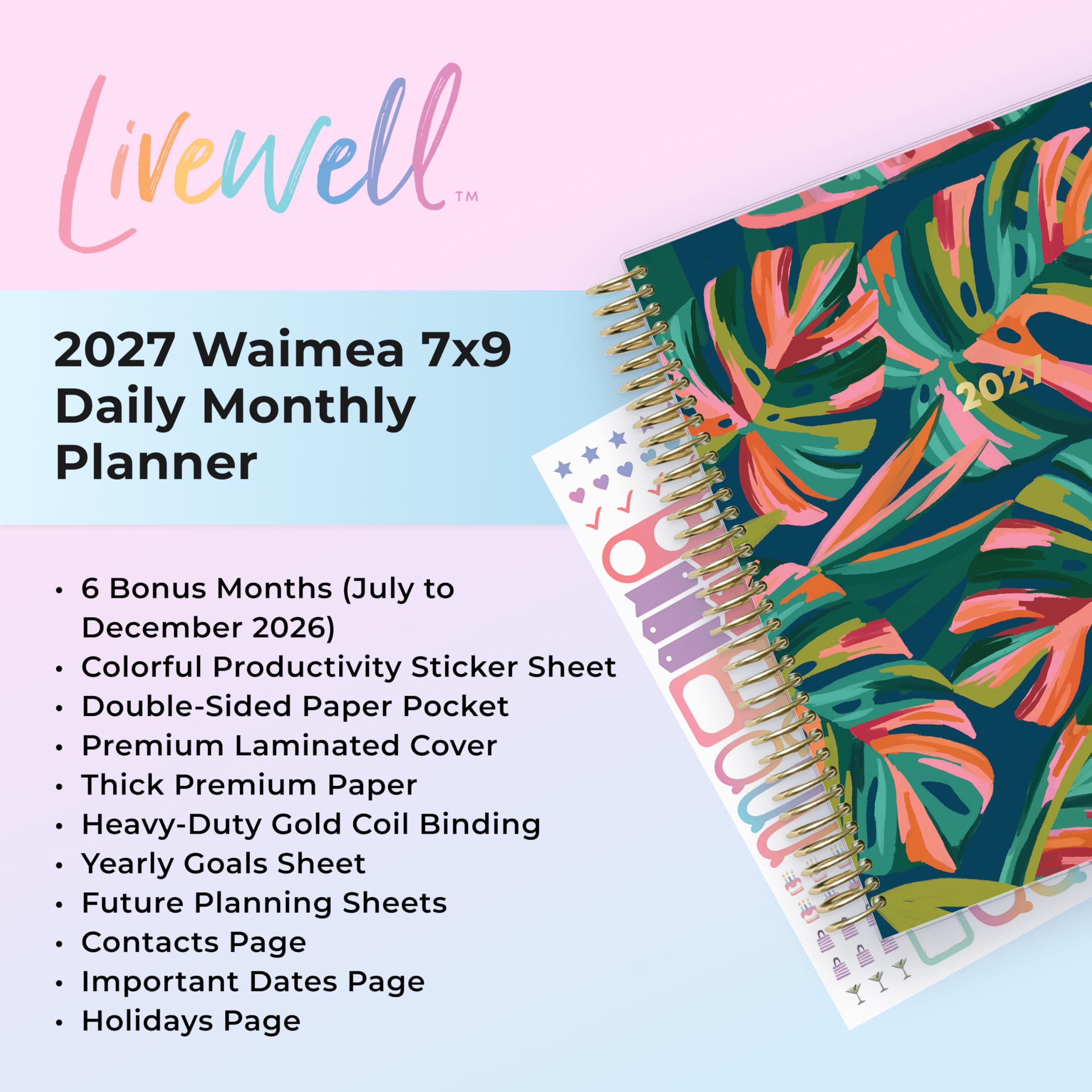 Blue Sky Livewell - Calendario diario y mensual 2027, enero de 2027 a diciembre de 2027, 7 x 9 pulgadas, cubierta flexible, encuadernación duradera de doble alambre, páginas coloridas, bolsillo de