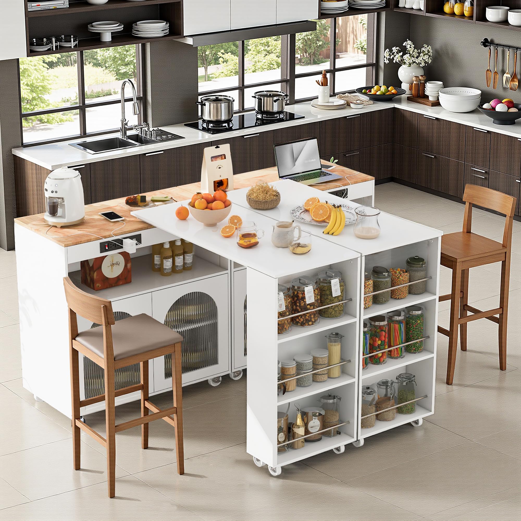 Photo 1 of KISLOT Rolling Kitchen Island with Extendable Table Set of 2, LED Lights Power Outlets 2 Fluted Glass Doors 3 Open Shelves and Lockable Wheels Mobile Kitchen Storage Cabinet Kitchen Cart