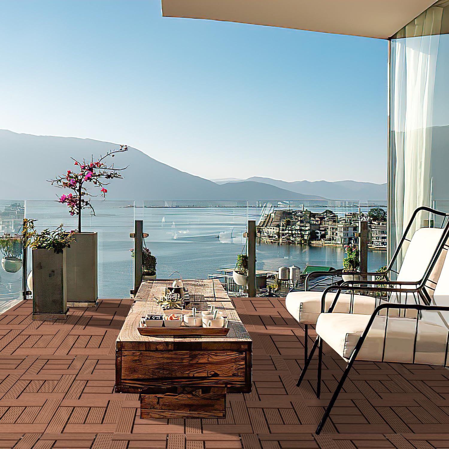 Randaco Baldosas para terraza de WPC, 30 x 30 cm, juego de 44 para 4 m², sistema de clic, suelo para balcón y terraza, tablones de terraza, resistentes a la intemperie con drenaje, marrón