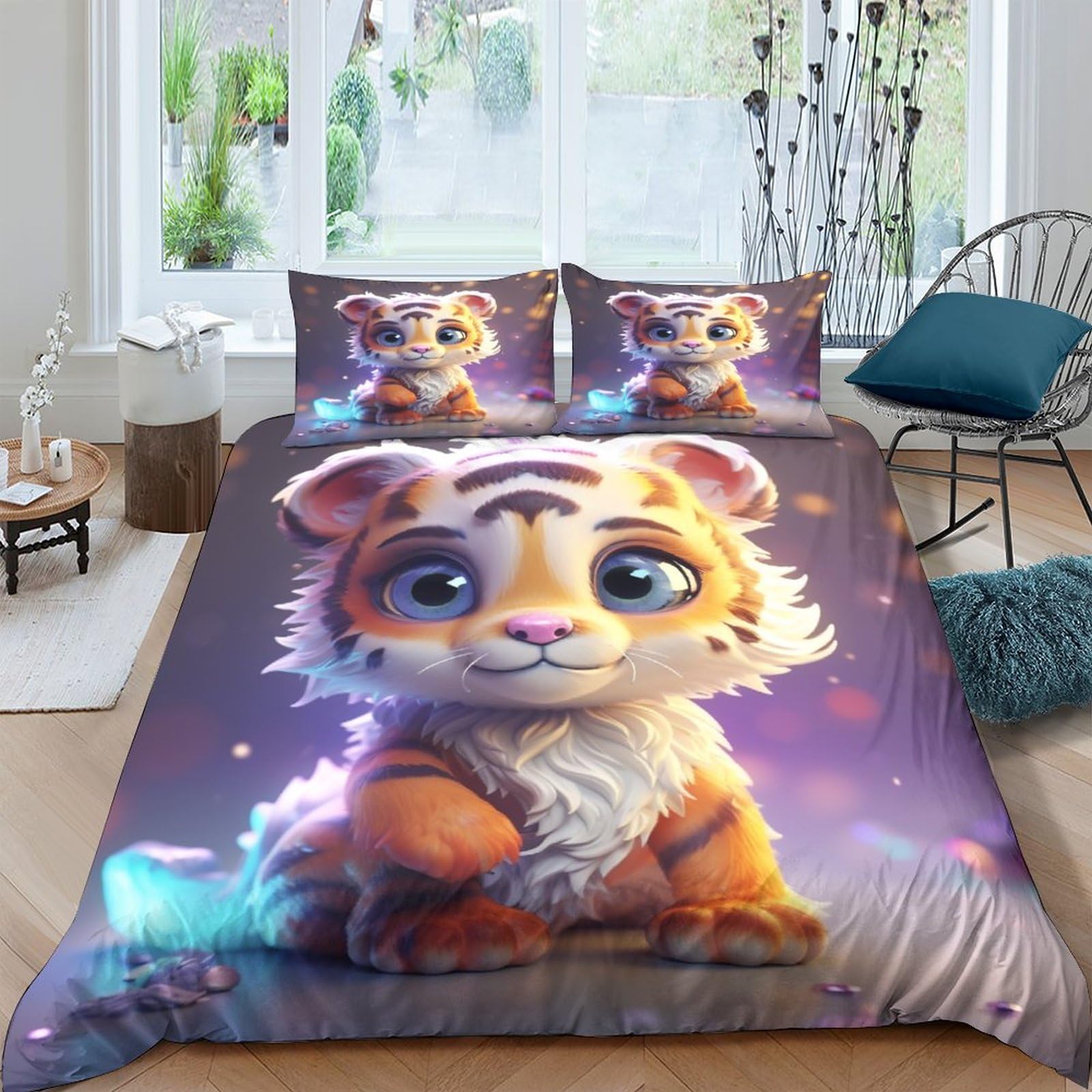 Cute Little Tiger 3D Printed Duvet Cover Set Soft Microfiber Cartoon Animals Quilt Covers Easy Care Bedding Set for Boys Girls Comforter Cover with Pillowcaser，with Zipper Closure Double（200x200cm）