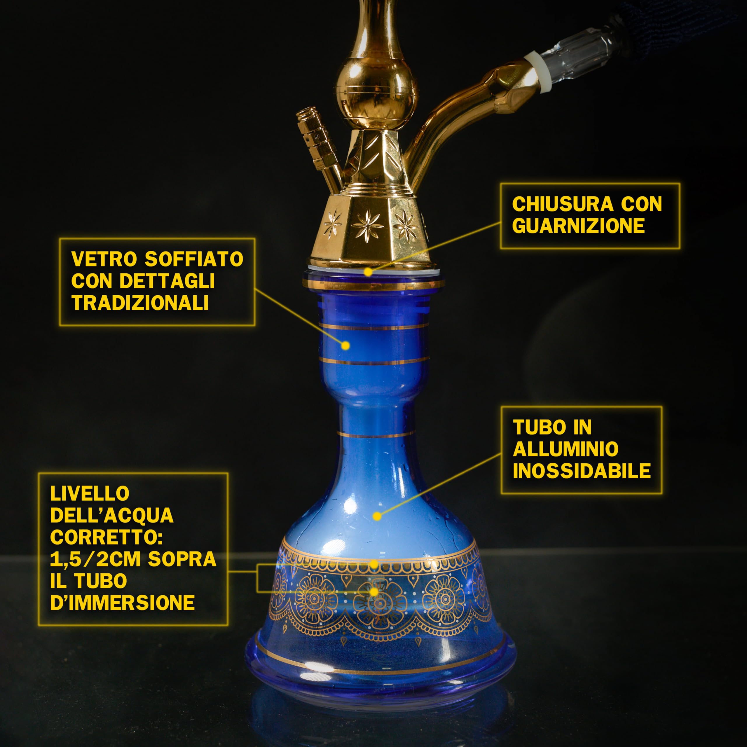 Dark Shisha Cachimba Luna Azul 44,5 cm + 50 Boquillas Higiénicas | Set Completo con Manguera Tradicional, Cazoleta de Piedra, Chimenea, Pinza y Juntas
