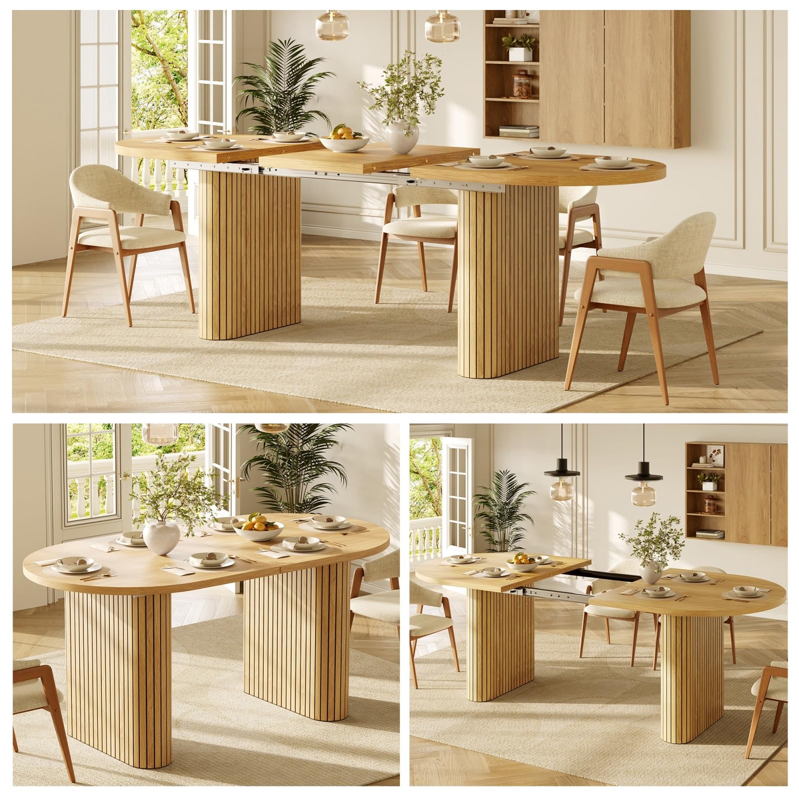 YEHTOKHOME Table à Manger Ovale Extensible 120-160cm, avec Pieds Elliptiques, Table de Cuisine avec Plateau en MDF, Coins Arrondis, Style Ferme Moderne, pour 4 à 6 Personnes (Chêne-2)