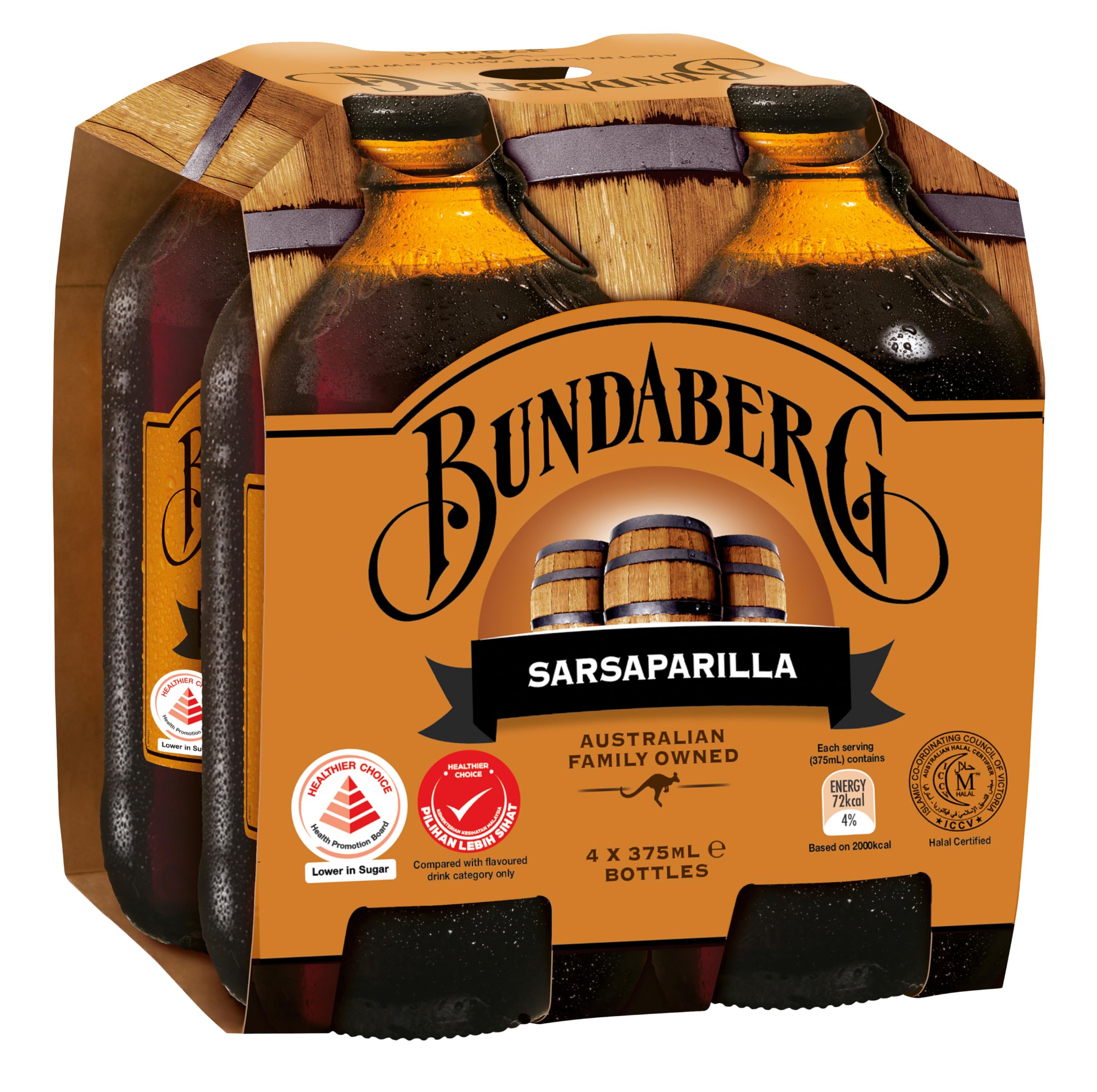Bundaberg 4 Pack Handcrafted Australian Root Beer, Sparkling Non-Alcoholic Drink Crafted using Traditional Brewing Techniques for an Authentic Taste - 4 x 375ml Bottles