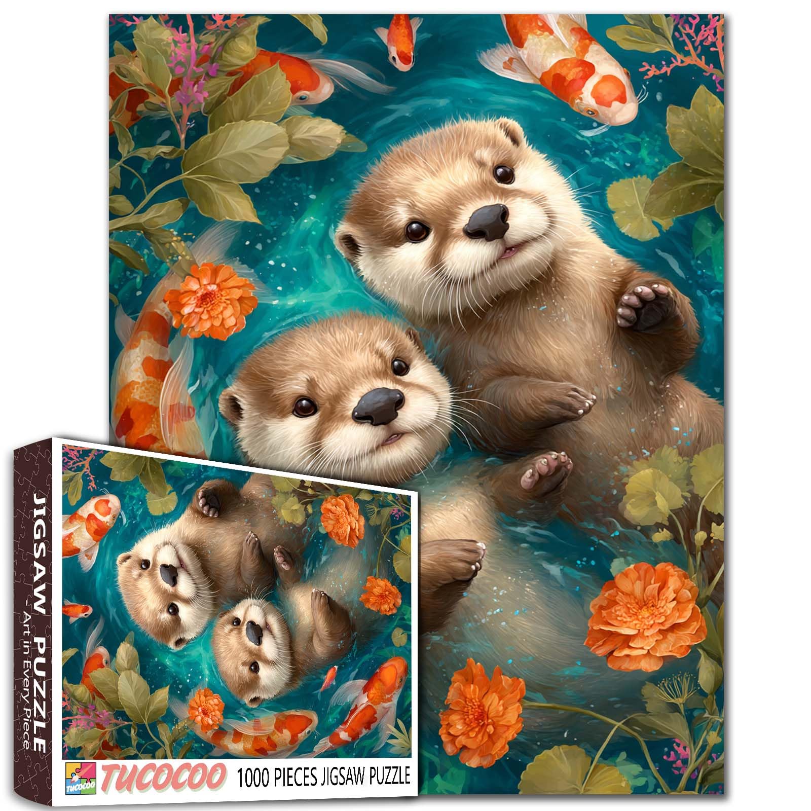 Cute Otters Swimming Puzzles for Adults 1000 Pieces Animals Koi Fish DIY Handwork Puzzles Underwater Art Jigsaw Puzzles for Home Decoration Challenge Puzzle Stress Relief Game Nights Unique Gift
