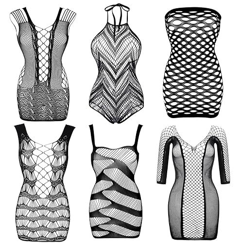 Fishnet Lingerie for Women Mesh Bodysuit Sexy Lace Babydoll Nightwear for Romantic Date Wearing(6 Pcs) - 6 Pcs: Black1