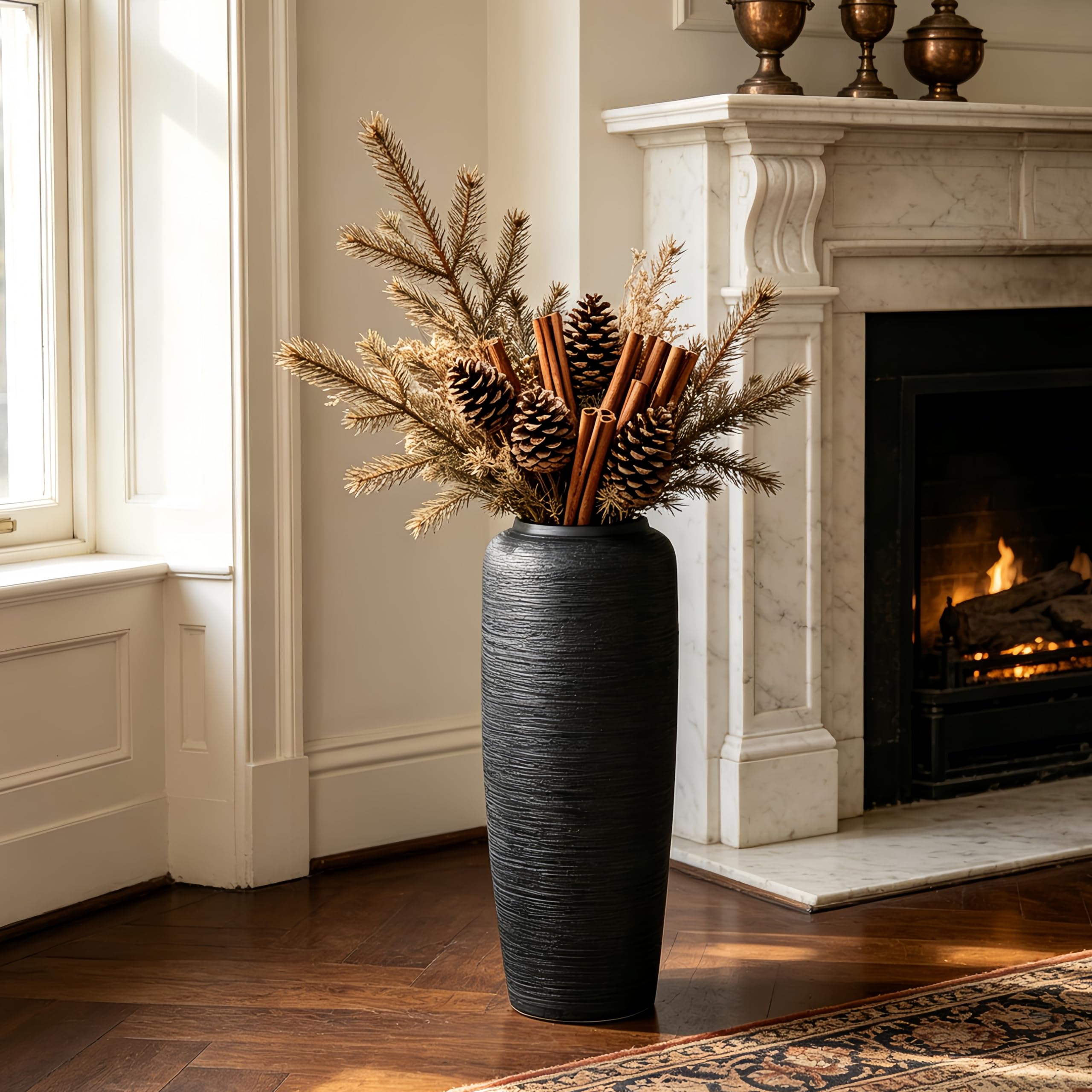 Vintage Keramik Schwarz Bodenvase, 50 cm, Rustikaler Boho Stil für Pampasgras, Blumen oder Dekor, Perfekt für Wohnzimmer, Eingang oder Tisch