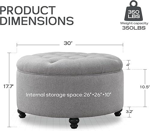 Miniatura 2 de HUIMO Otomana redonda de almacenamiento de 30 pulgadas, moderna mesa de centro copetuda con botones y parte superior extraíble, otomana tapizada con