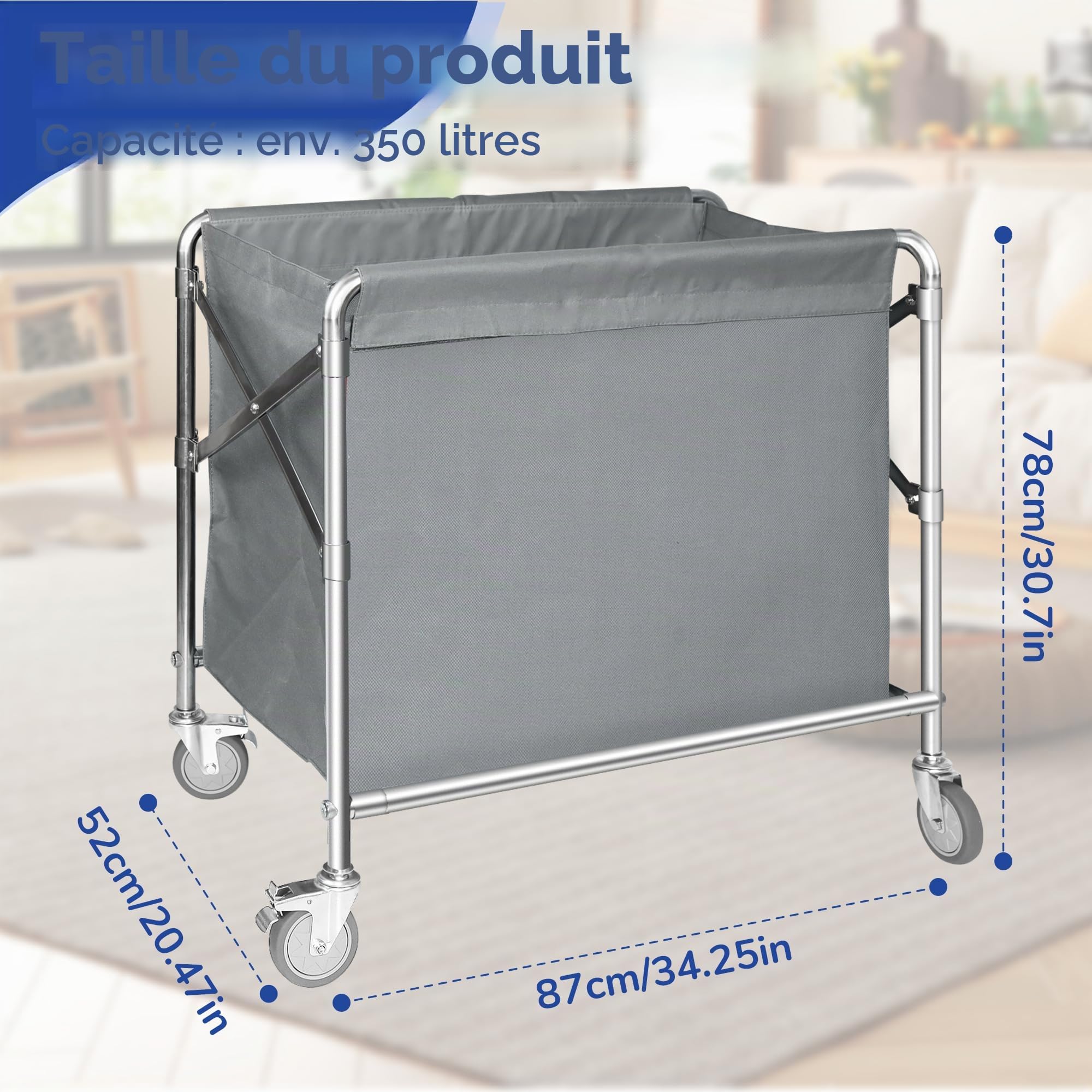 bimiti Chariot à linge en acier inoxydable - Panier à linge commercial avec roulettes - Pliable - Capacité de charge de 100 kg - Pour la maison, l'hôtel - 87 x 52 x 78 cm