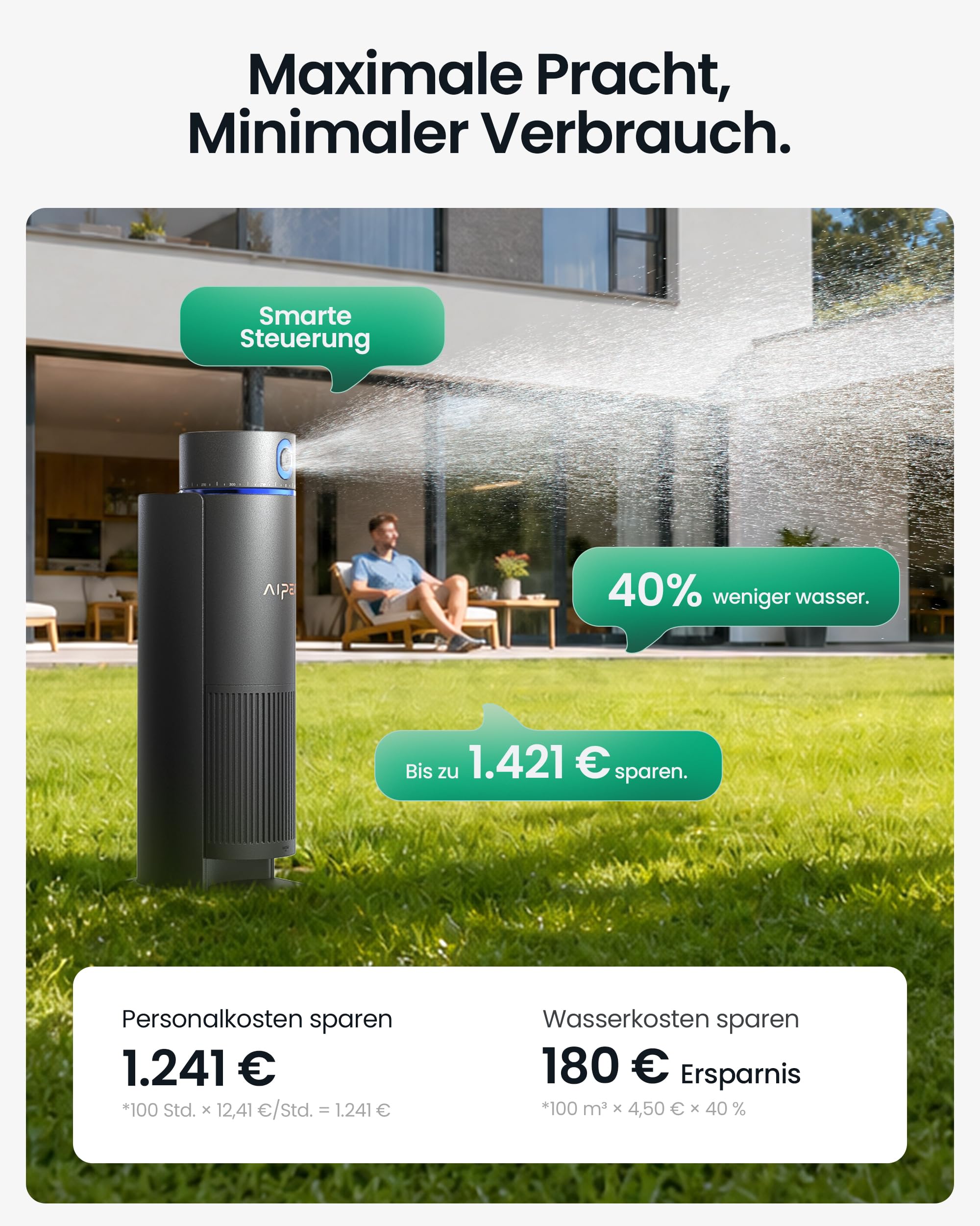 Aiper IrriSense 2 Smartes Bewässerungssystem, Mehrzonen-Bewässerungsgerät mit App-Steuerung, intelligenter Zeitplanung und Regensensor für Rasenflächen bis 445 m²