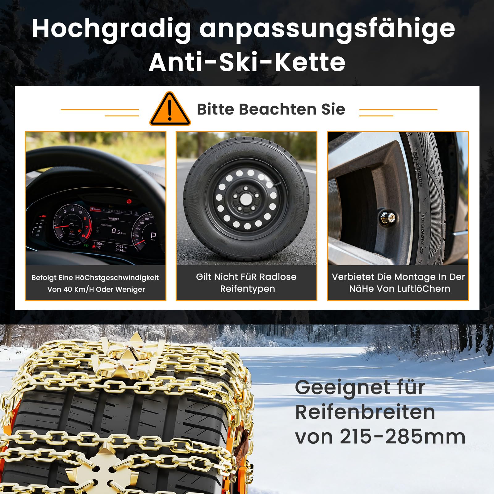 Chaînes à neige universelles pour pneus de voiture de 215 à 285 mm de large, adhérentes, résistantes à l'usure, montage rapide, avec gants et sac de rangement, pour voiture, SUV, camion