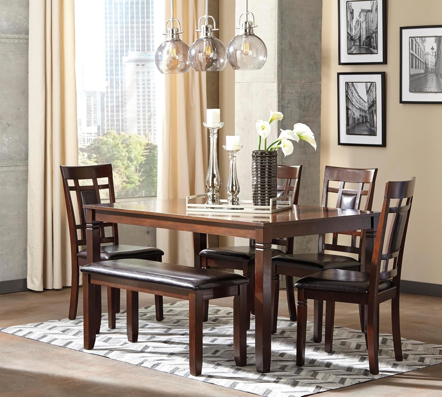 Bowery Hill 6-Piece Engineered Wood Dining Set, Table with Vinyl Upholstered Chairs and Cushioned Bench, 60 in x 36 in x 30.13 in, Brown Finish, Modern Versatile Seating for Kitchen or Dining Room Use