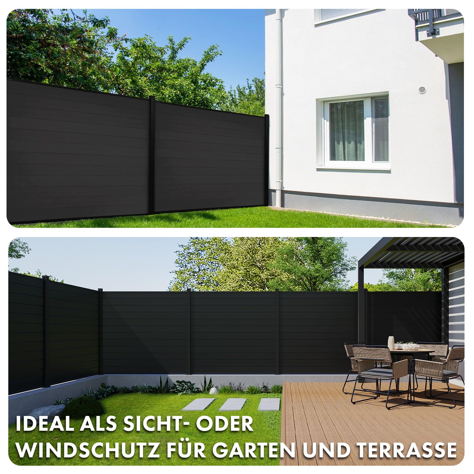 Floordirekt Gartenzaun 180x180cm mit Aluminium Pfosten - WPC Zaun Komplettset Kronos - Sichtschutzzaun - Windschutz Sichtschutz für Terrasse & Garten - Inklusive Montagematerial (Black)