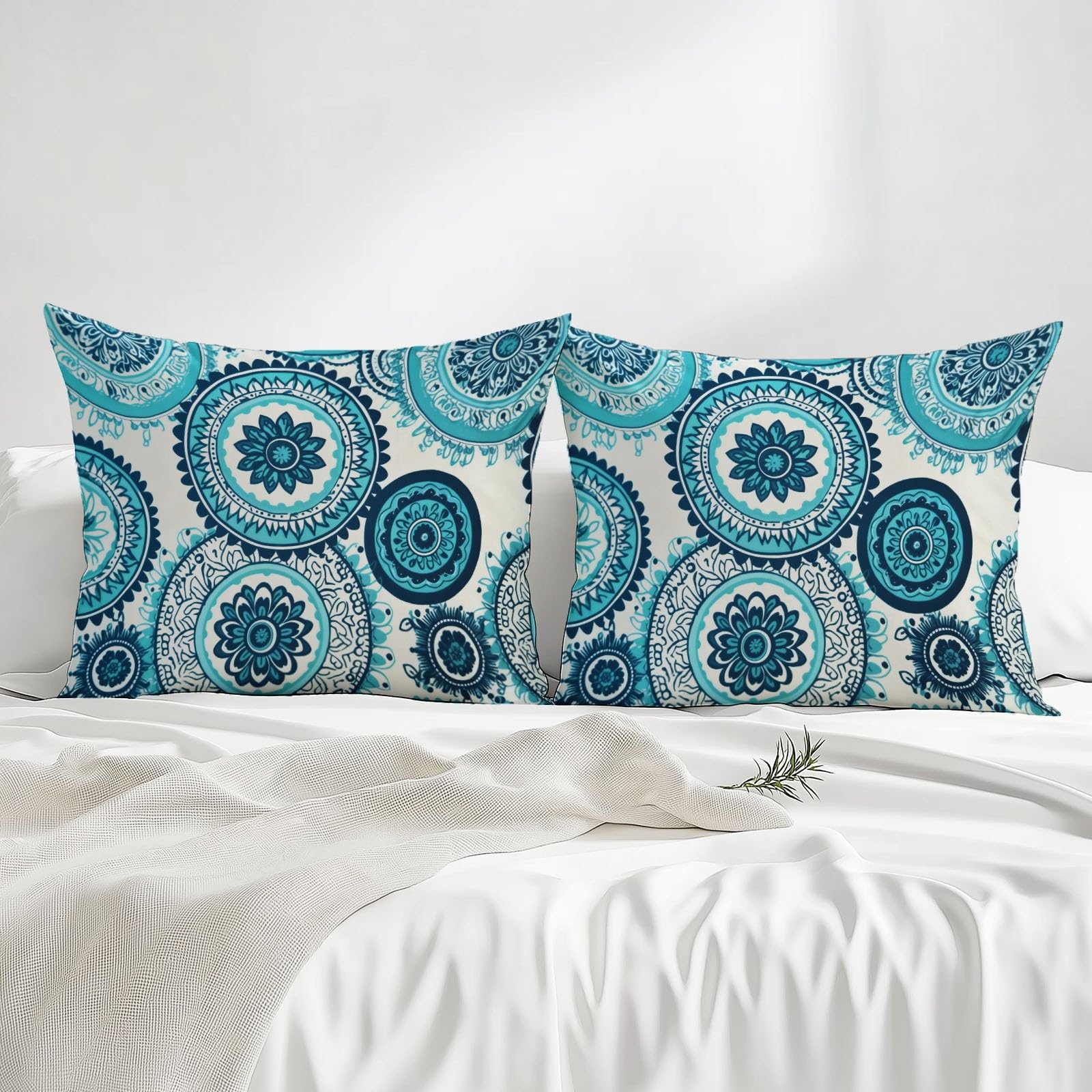 Fitted Sheets 180 x 200 Weiche Luxus Microfaser Böhmisches Mandala Blaugrün Blau für Kinder & Erwachsene, Bedrucktes Spannbettlaken Bettlaken Set,Geeignet für Matratzen bis 31cm Blaugrün Blau Weiß