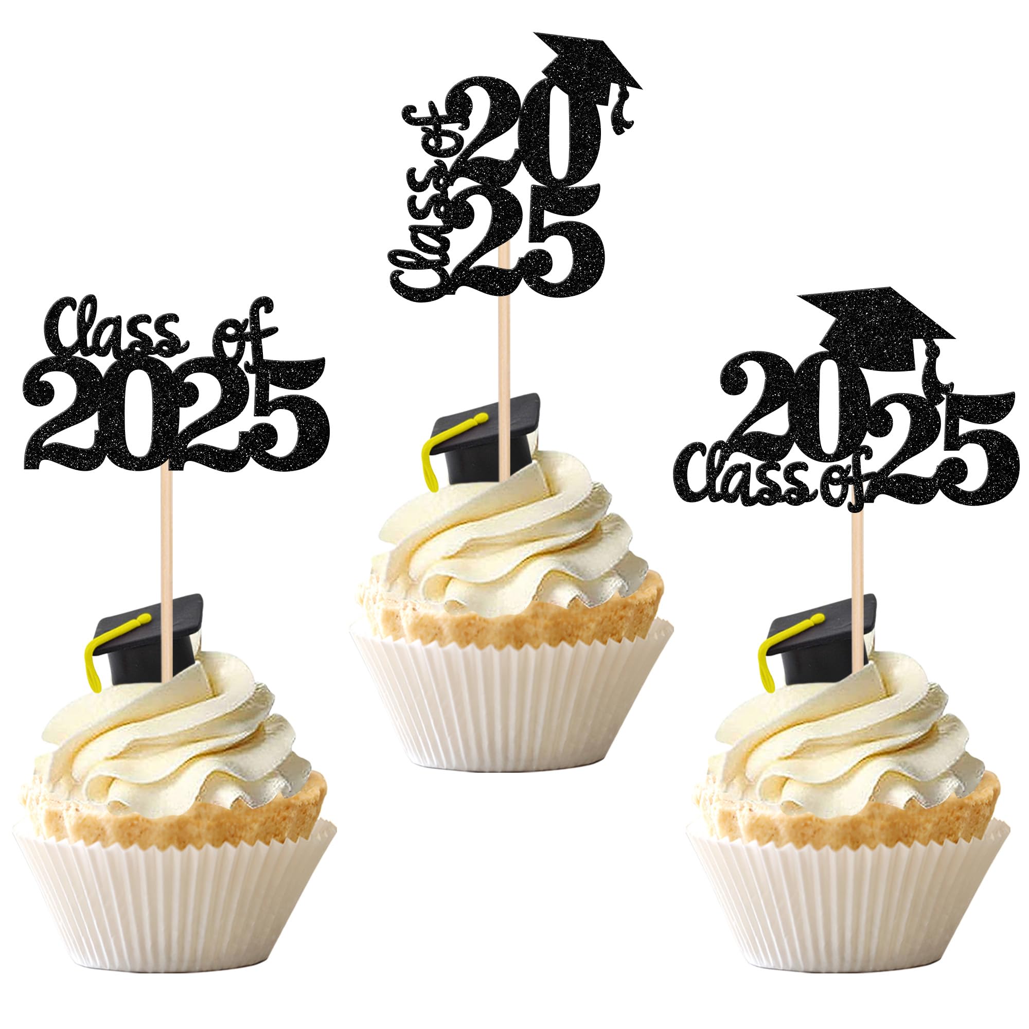 30 PCS 2025 Graduation Cupcake Toppers Glitter Class of 2025 Graduation Cap Cupcake Picks for 2025 Graduation Theme Party Cake Decorations Supplies