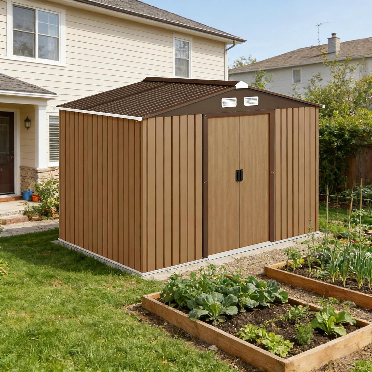Outdoor Storage Shed with Double Sliding Doors, Spacious Metal Garden Shed Kit for Tools and Lawn Equipment, Rust-Resistant Galvanized Steel Construction with Ventilation