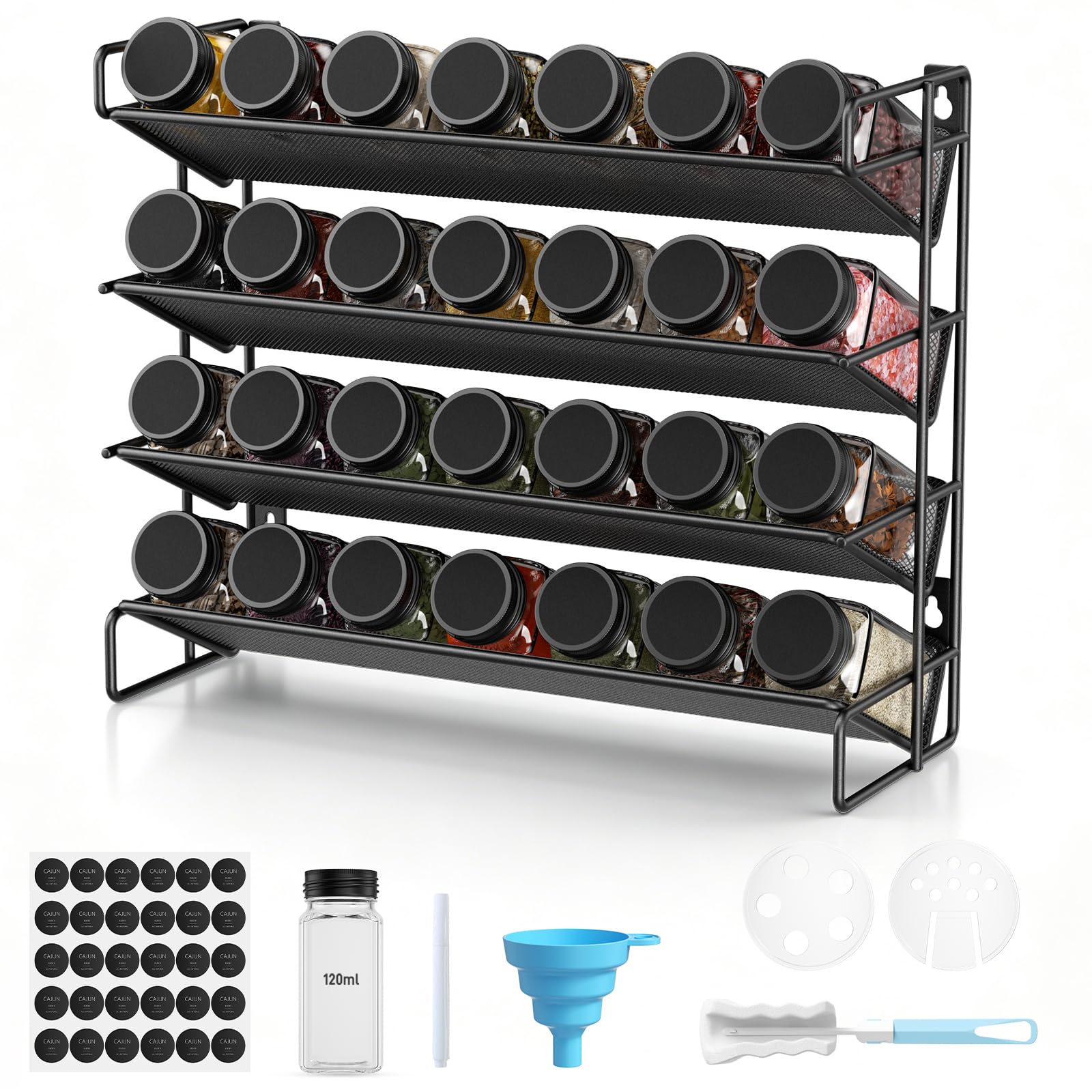 Set portaspezie con barattoli, 4 ripiani, 28 pezzi, in metallo nero, organizer da cucina con 420 etichette per spezie, imbuto e spazzola, sistema salvaspazio per spezie ed erbe