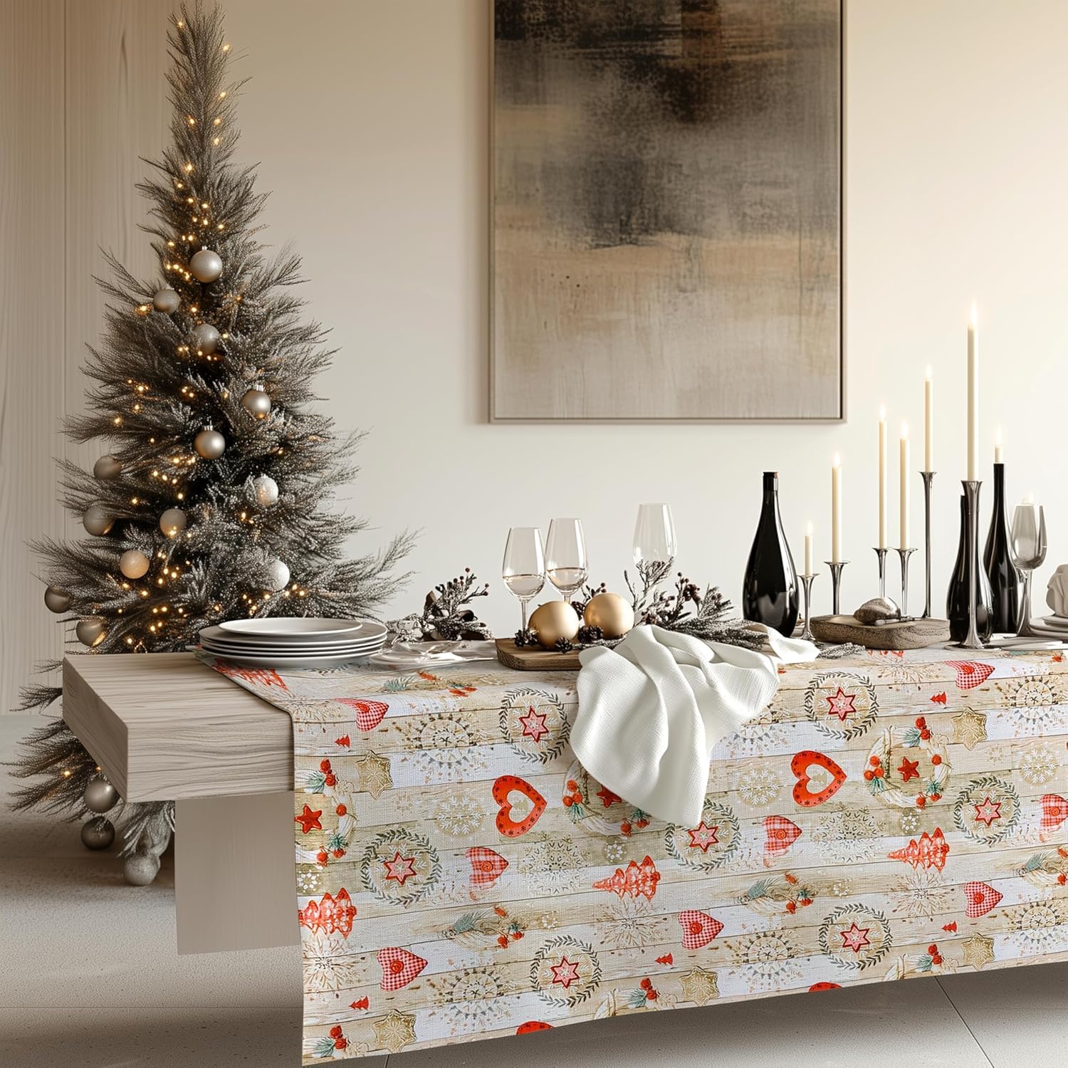 Mantel PVC Festive Merry Christmas 140 x 200 pulgadas, color crema con adornos rojos invierno, copos nieve, 200 x 140 pulgadas, 78 x 55, funda mesa con efecto madera, impermeable, reutilizable, 2m